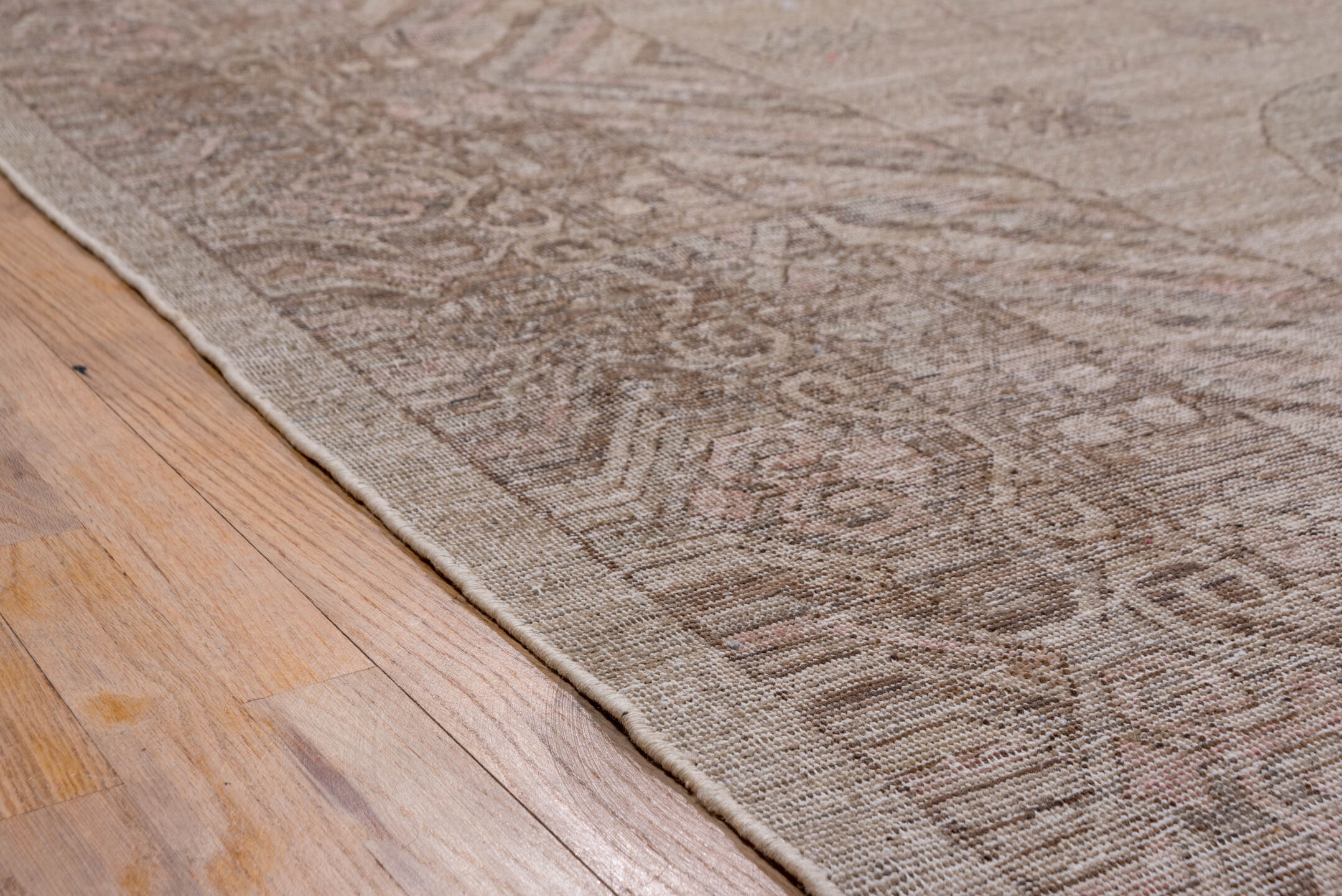 12' x 18' one-of-a-kind handmade vintage Khotan oversize rug. Color palette: taupe, beige, dusty rose, mauve, ivory, brown