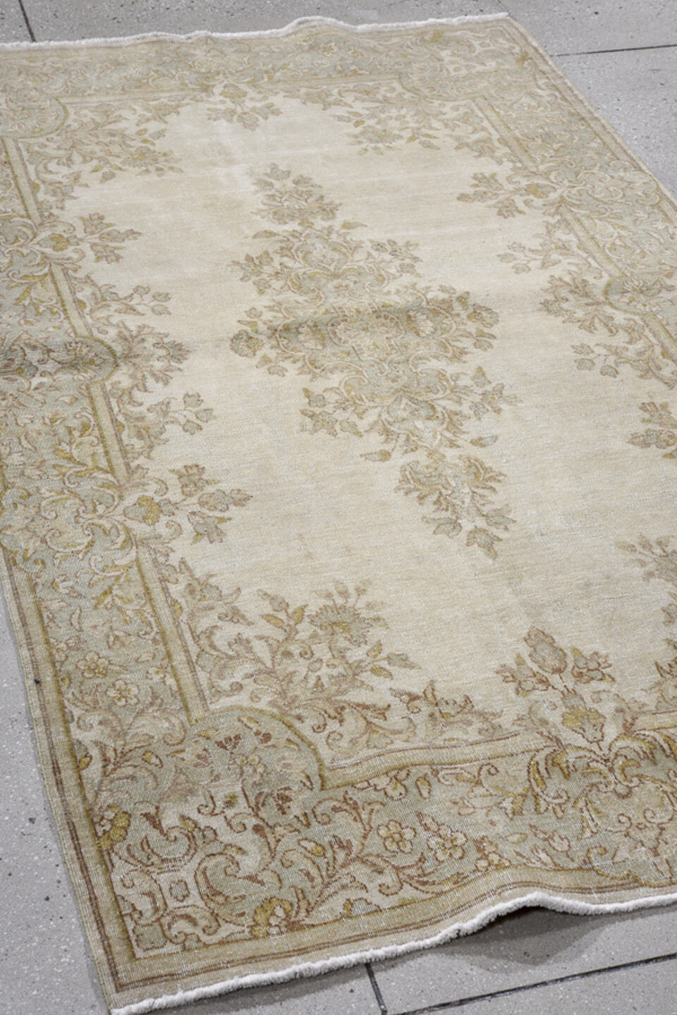 4' x 6' one-of-a-kind handmade antique Kerman small size rug. Color palette: ivory, beige, taupe, camel, gold, sand, gray