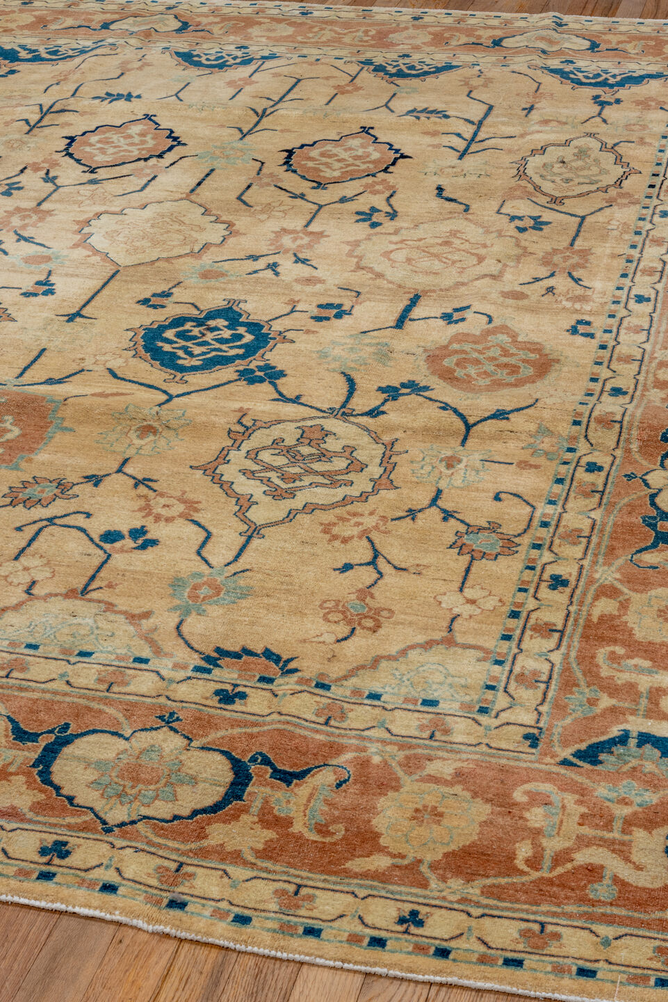 7' x 9' one-of-a-kind handmade vintage Afghan large size rug. Color palette: ivory, sand, terra cotta, navy, cream, camel
