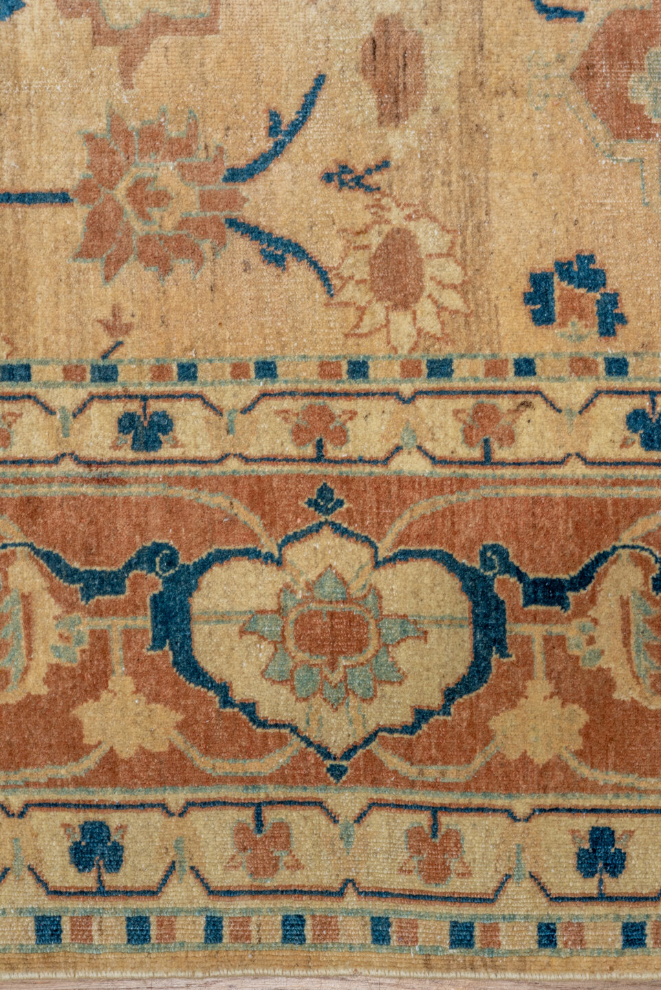 7' x 9' one-of-a-kind handmade vintage Afghan large size rug. Color palette: ivory, sand, terra cotta, navy, cream, camel