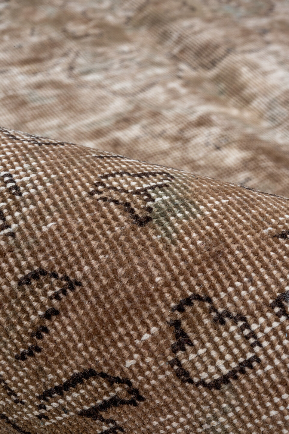 6' x 9' one-of-a-kind handmade vintage Distressed medium size rug. Color palette: brown, gray, light gray, off-white, pink