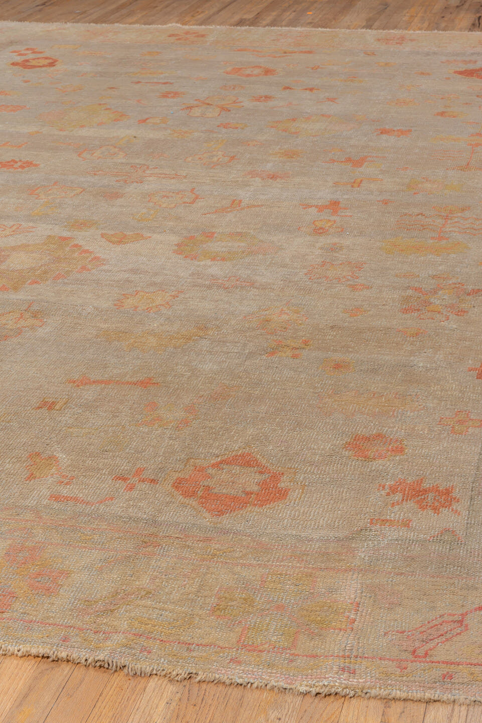 11' x 14' one-of-a-kind handmade vintage Oushak oversize rug. Color palette: beige, taupe, peach, coral, ivory, gold, sand