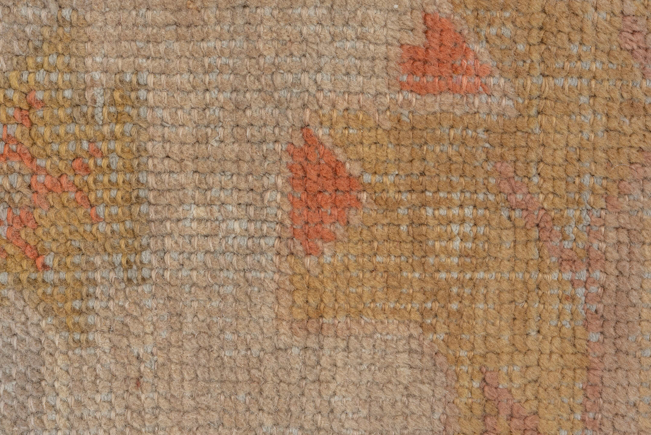 11' x 14' one-of-a-kind handmade vintage Oushak oversize rug. Color palette: beige, taupe, peach, coral, ivory, gold, sand