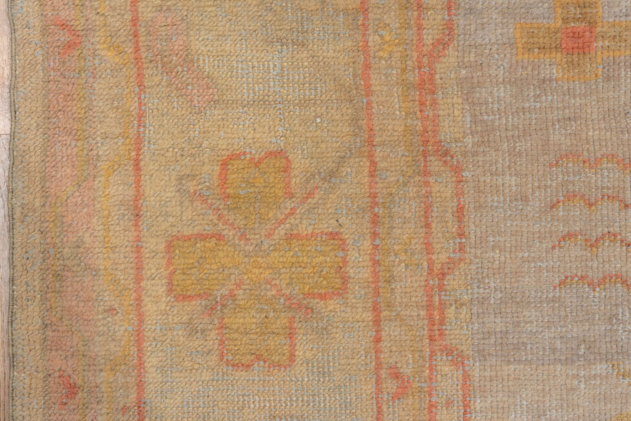 11' x 14' one-of-a-kind handmade vintage Oushak oversize rug. Color palette: beige, taupe, peach, coral, ivory, gold, sand