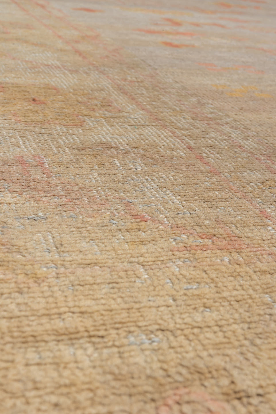 11' x 14' one-of-a-kind handmade vintage Oushak oversize rug. Color palette: beige, taupe, peach, coral, ivory, gold, sand
