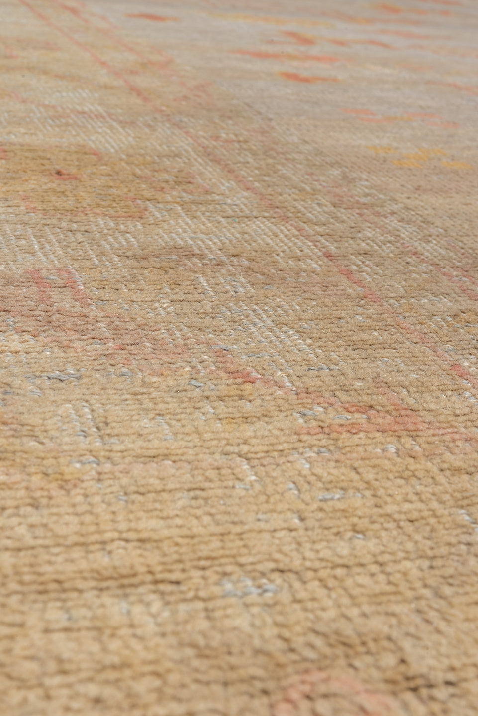 11' x 14' one-of-a-kind handmade vintage Oushak oversize rug. Color palette: beige, taupe, peach, coral, ivory, gold, sand