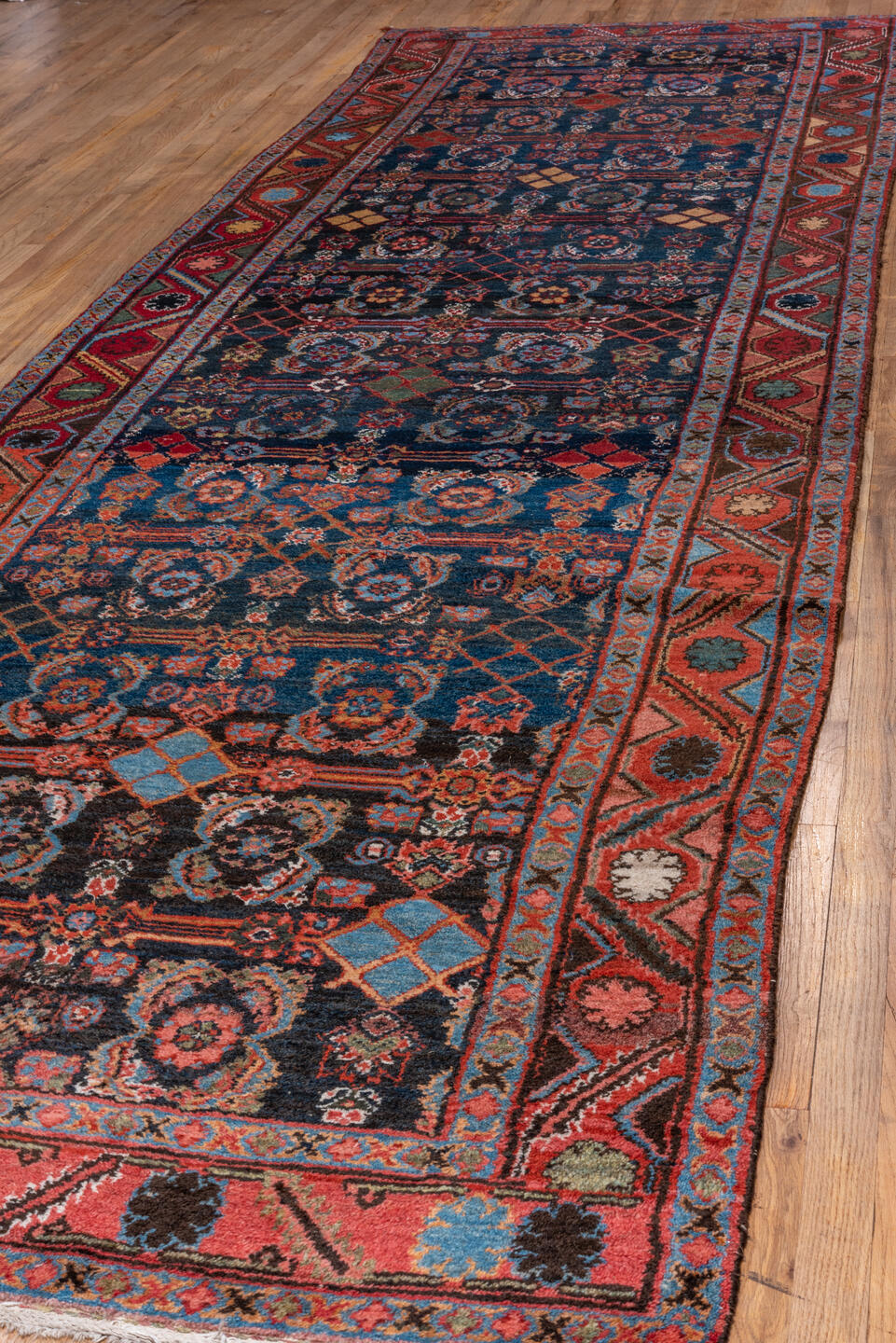 4' x 15' one-of-a-kind handmade vintage Hamadan runner rug. Color palette: black, blue, brown, fiord, gray, pink, red