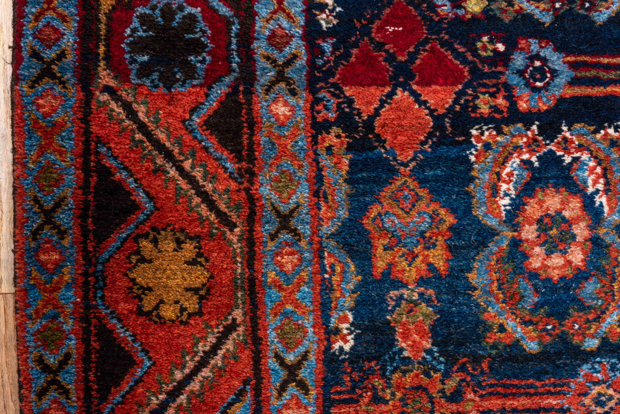 4' x 15' one-of-a-kind handmade vintage Hamadan runner rug. Color palette: black, blue, brown, fiord, gray, pink, red