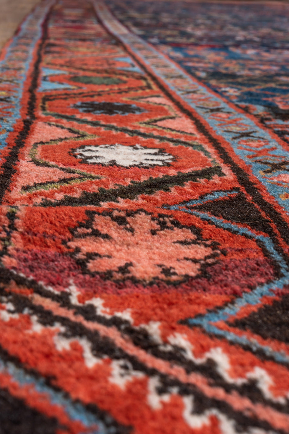 4' x 15' one-of-a-kind handmade vintage Hamadan runner rug. Color palette: black, blue, brown, fiord, gray, pink, red