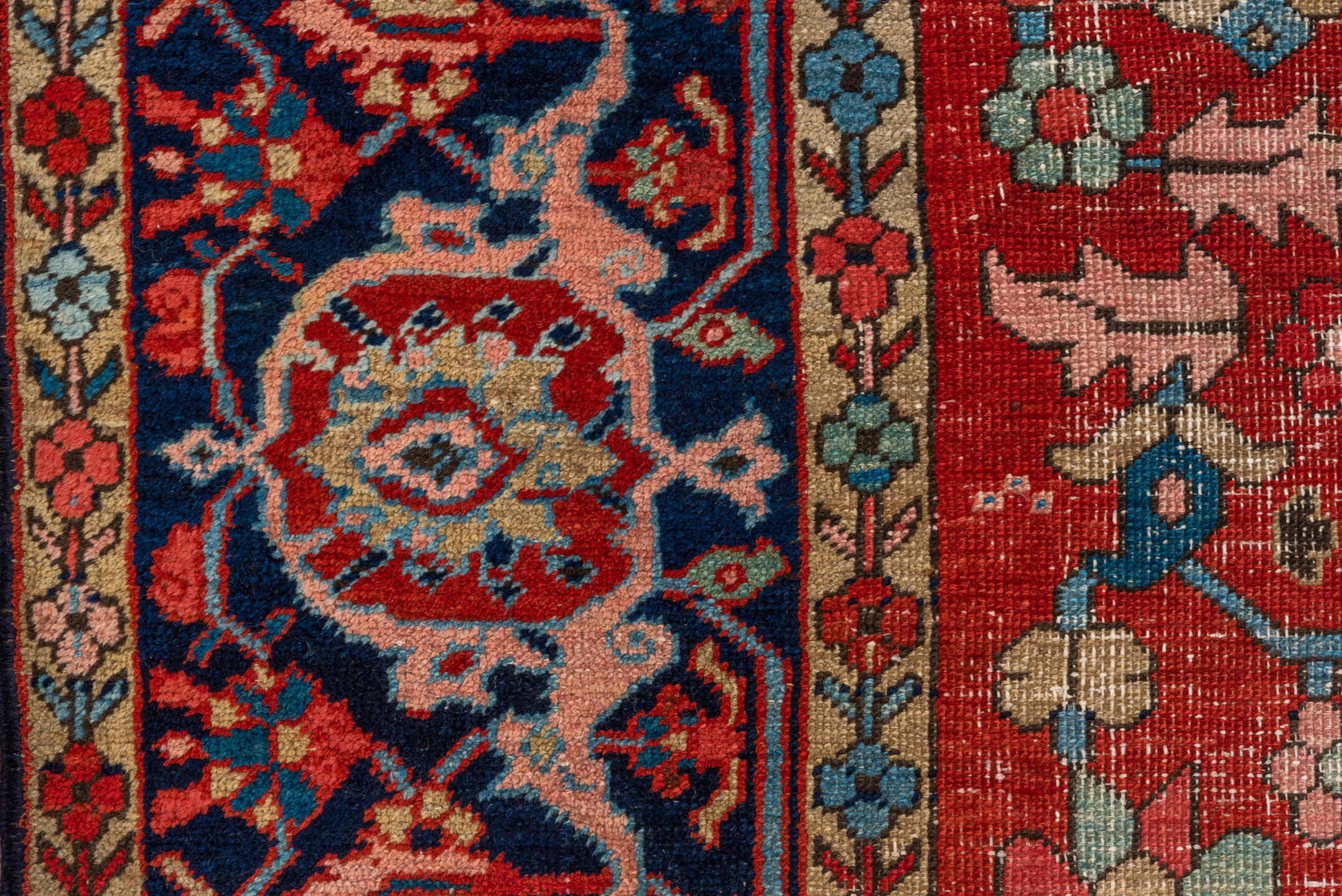 10' x 11' one-of-a-kind handmade vintage Heriz large size rug. Color palette: rust, navy, ivory, turquoise, coral, camel