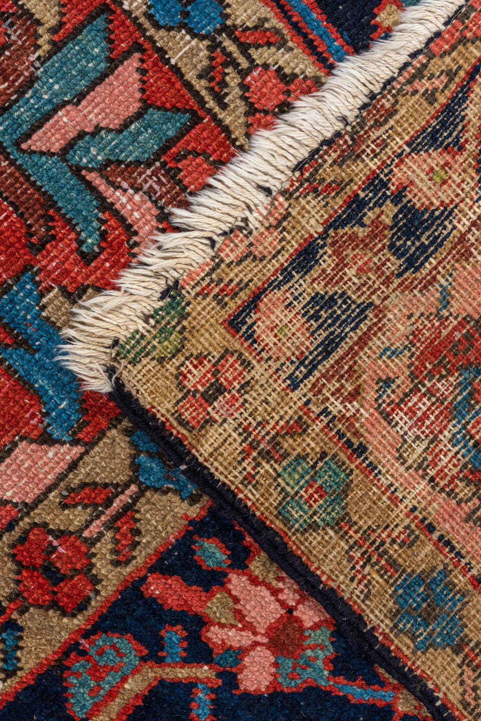 10' x 11' one-of-a-kind handmade vintage Heriz large size rug. Color palette: rust, navy, ivory, turquoise, coral, camel