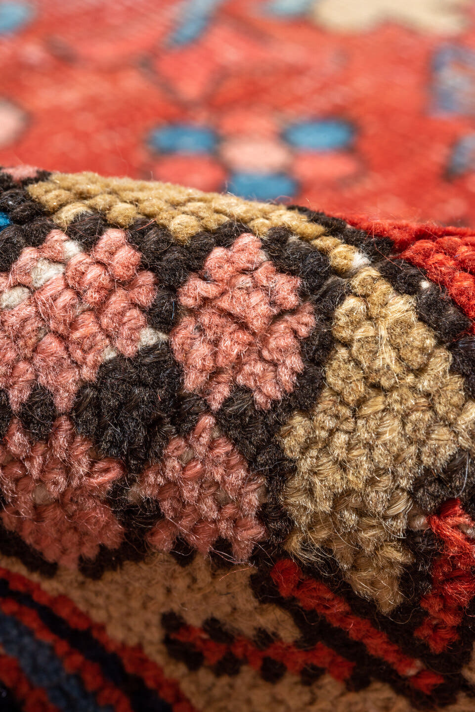 10' x 11' one-of-a-kind handmade vintage Heriz large size rug. Color palette: rust, navy, ivory, turquoise, coral, camel