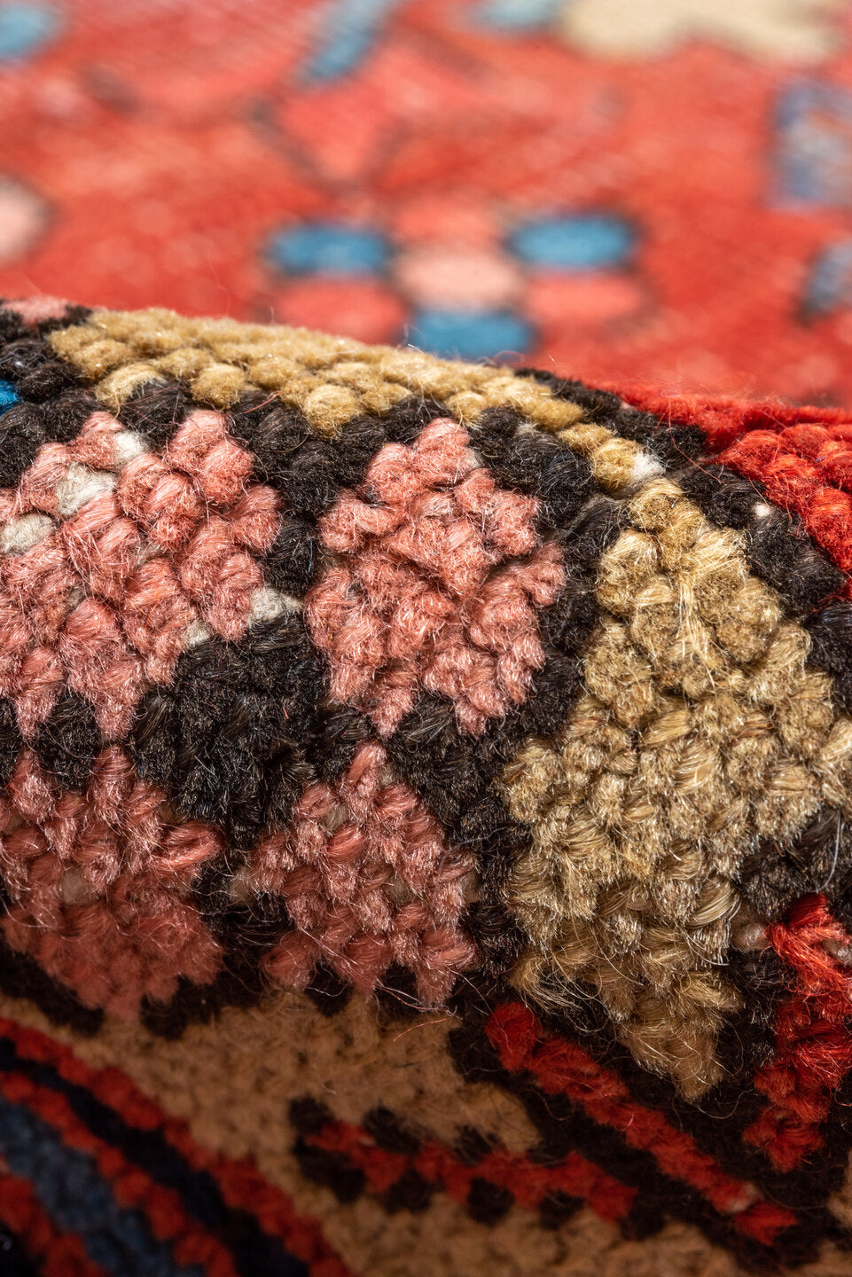 10' x 11' one-of-a-kind handmade vintage Heriz large size rug. Color palette: rust, navy, ivory, turquoise, coral, camel
