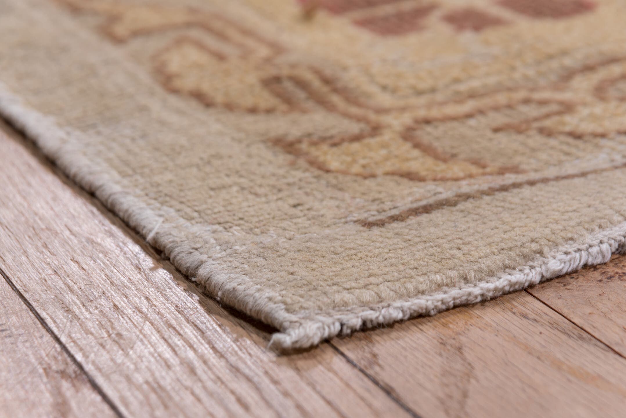 12' x 14' one-of-a-kind handmade antique Oushak oversize rug. Color palette: ivory, gold, camel, blush, taupe, rust, sage
