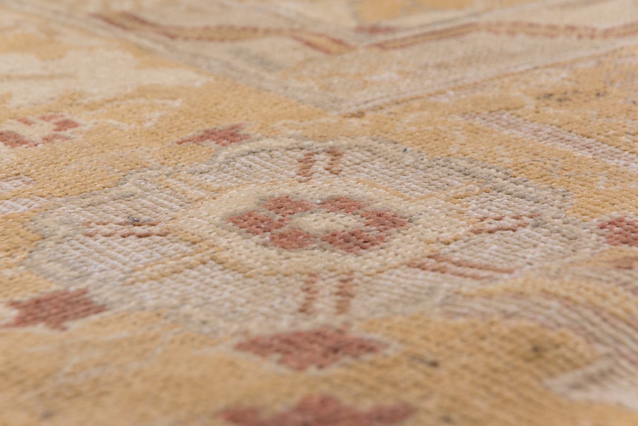 12' x 14' one-of-a-kind handmade antique Oushak oversize rug. Color palette: ivory, gold, camel, blush, taupe, rust, sage