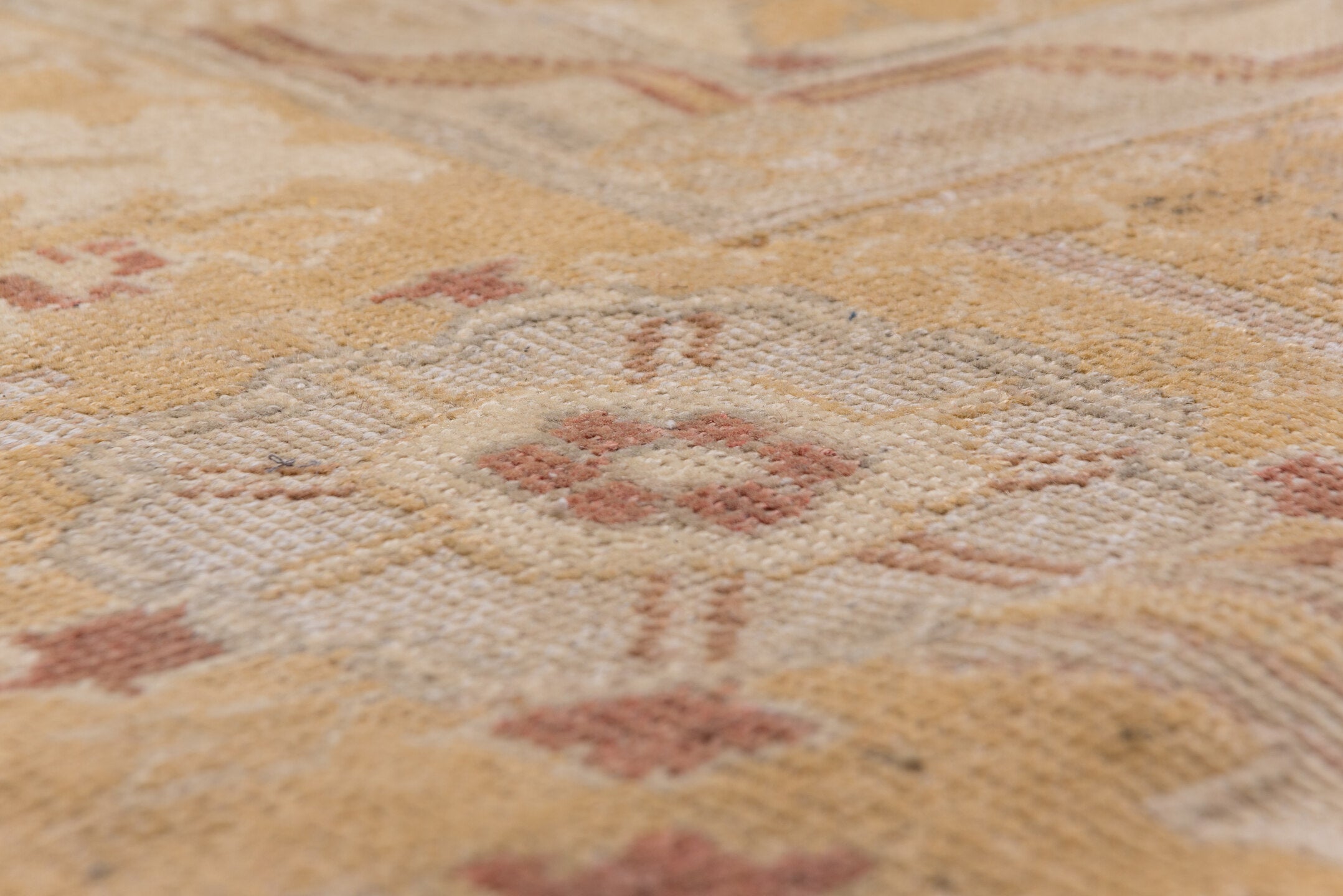 12' x 14' one-of-a-kind handmade antique Oushak oversize rug. Color palette: ivory, gold, camel, blush, taupe, rust, sage