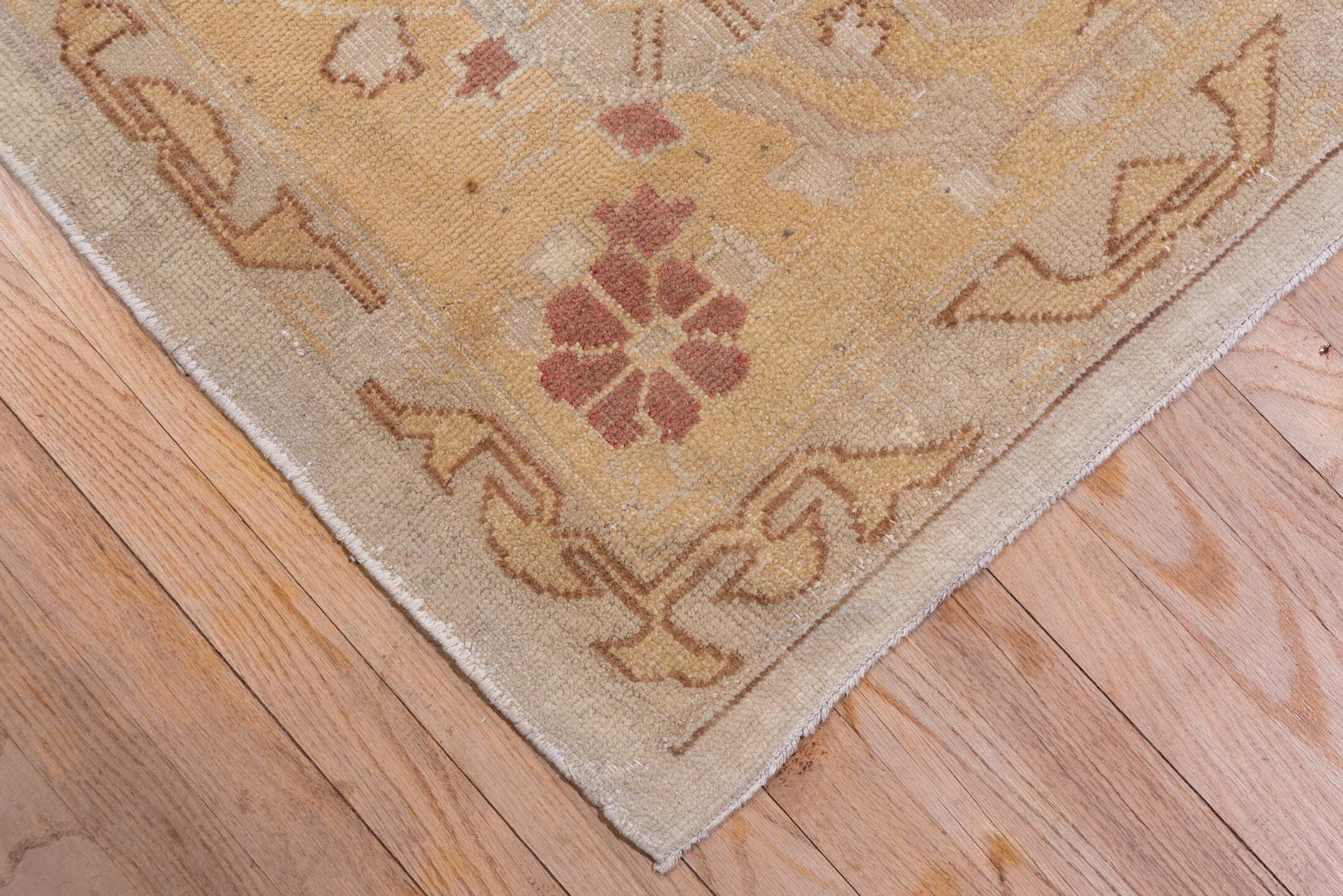 12' x 14' one-of-a-kind handmade antique Oushak oversize rug. Color palette: ivory, gold, camel, blush, taupe, rust, sage