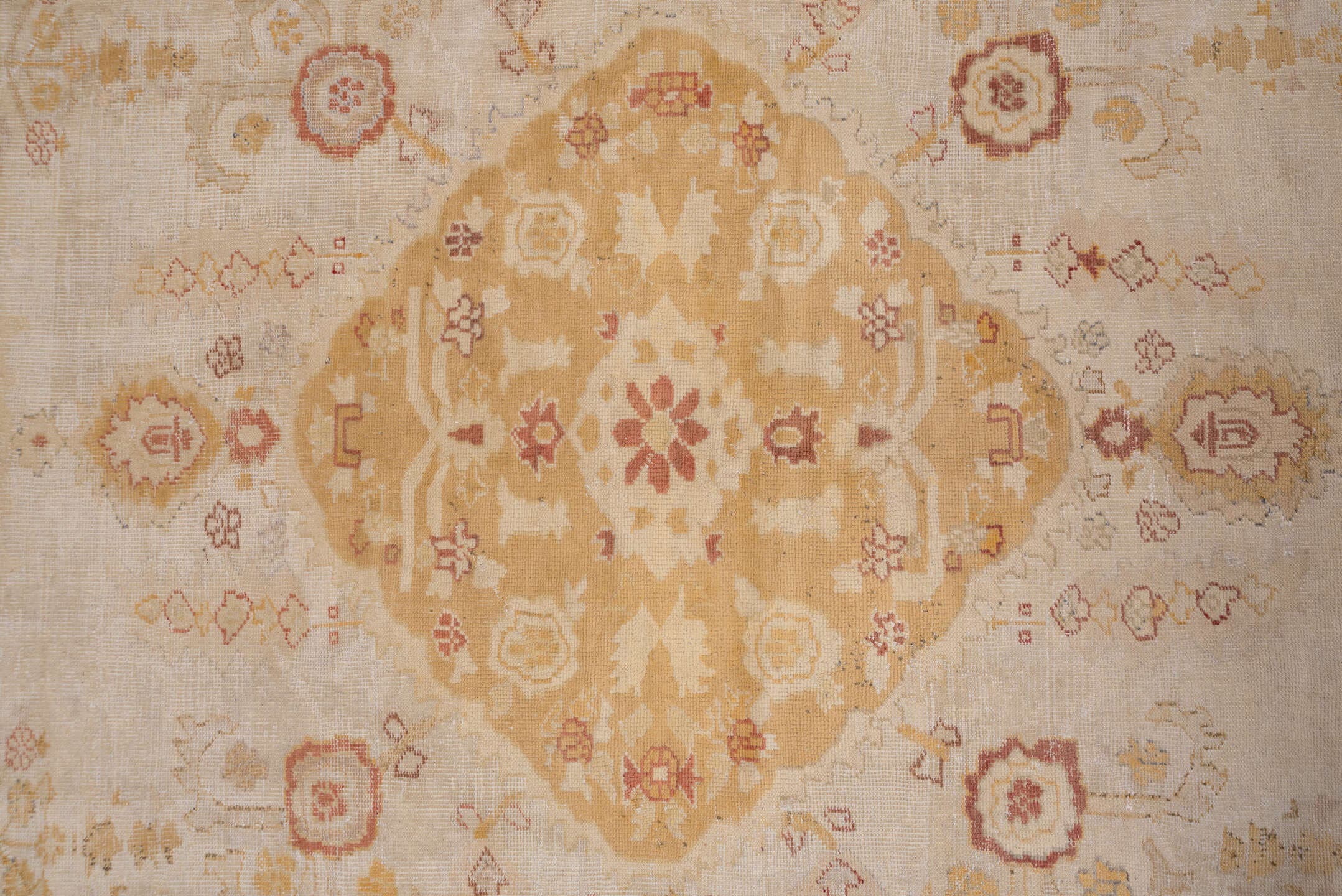 12' x 14' one-of-a-kind handmade antique Oushak oversize rug. Color palette: ivory, gold, camel, blush, taupe, rust, sage
