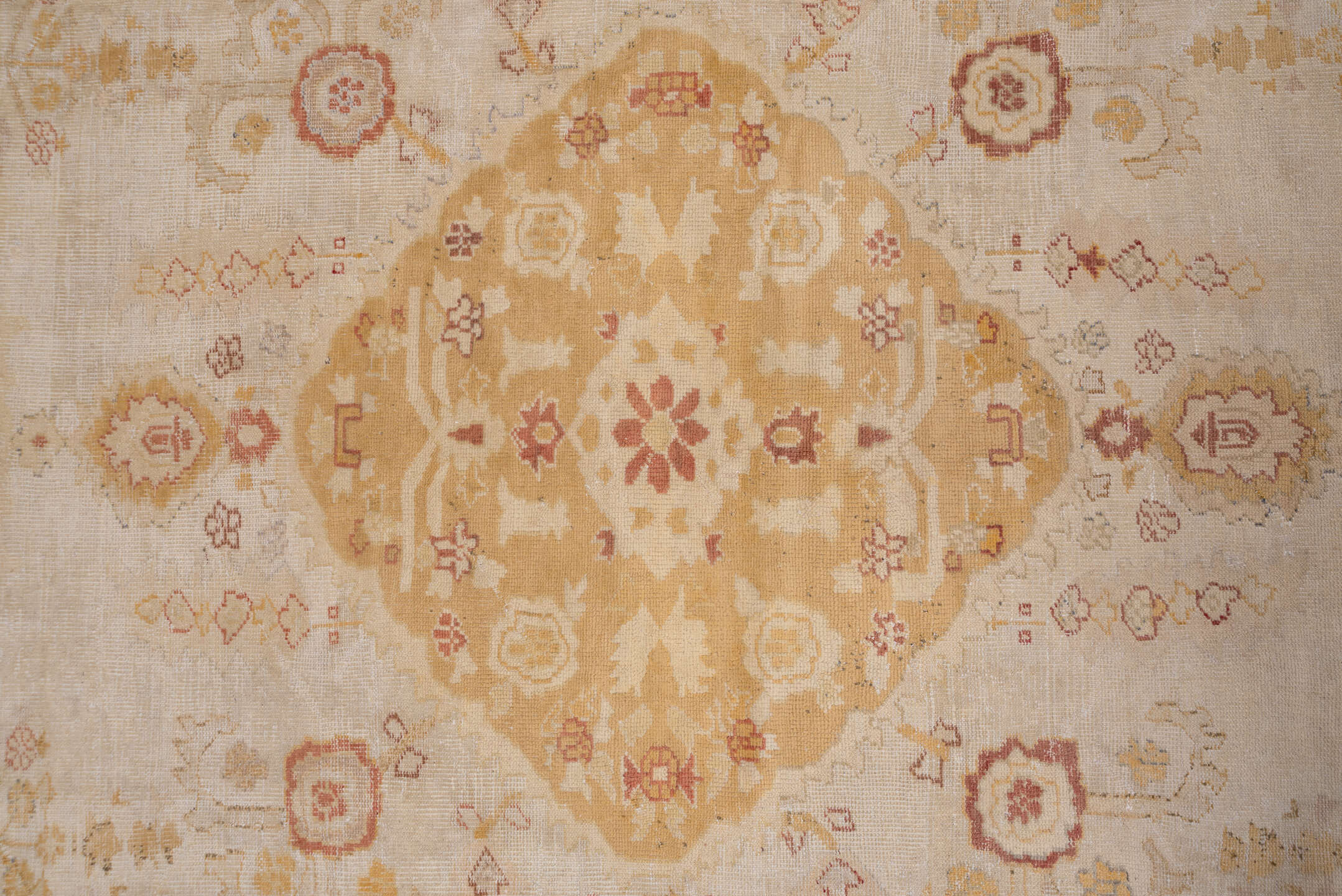 12' x 14' one-of-a-kind handmade antique Oushak oversize rug. Color palette: ivory, gold, camel, blush, taupe, rust, sage