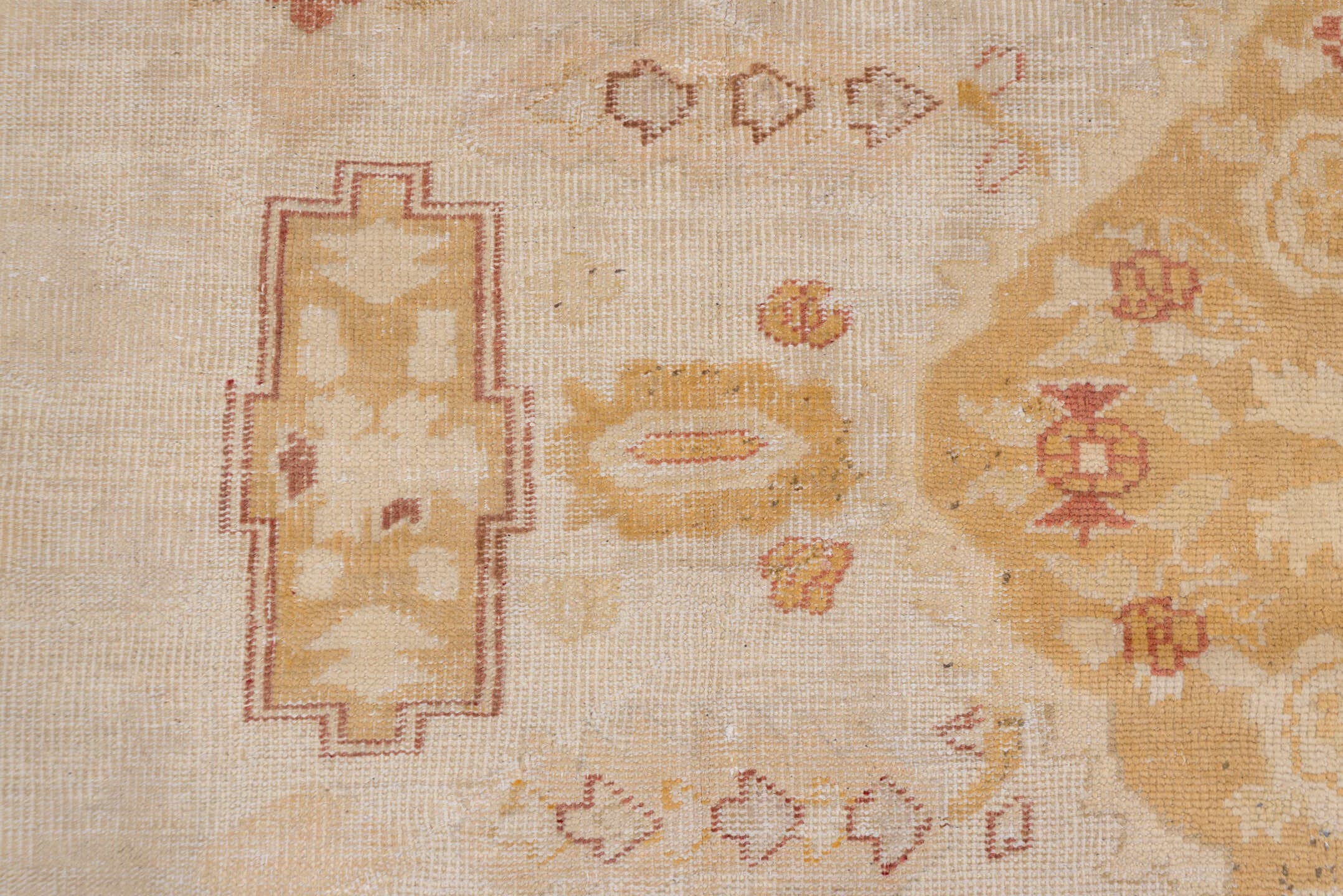 12' x 14' one-of-a-kind handmade antique Oushak oversize rug. Color palette: ivory, gold, camel, blush, taupe, rust, sage