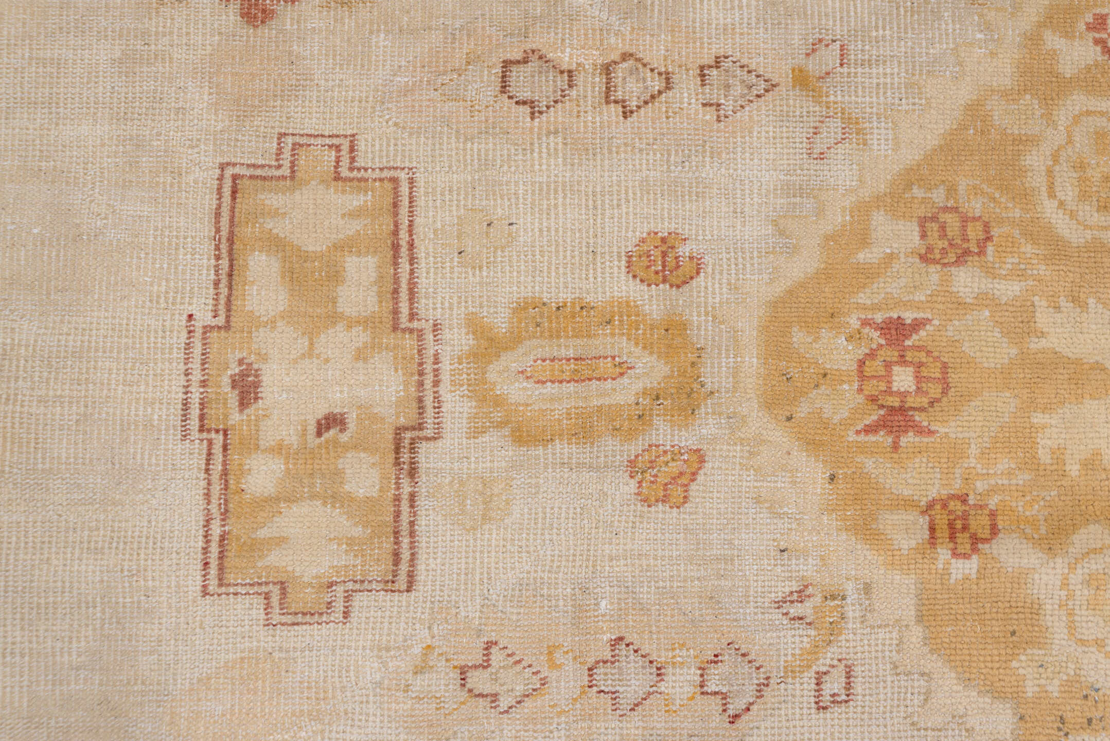 12' x 14' one-of-a-kind handmade antique Oushak oversize rug. Color palette: ivory, gold, camel, blush, taupe, rust, sage