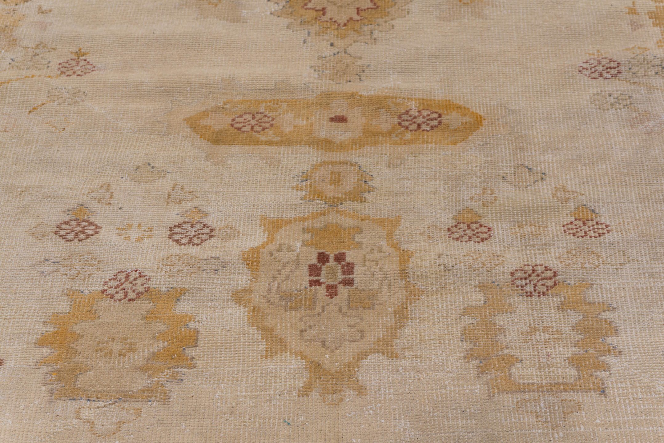12' x 14' one-of-a-kind handmade antique Oushak oversize rug. Color palette: ivory, gold, camel, blush, taupe, rust, sage
