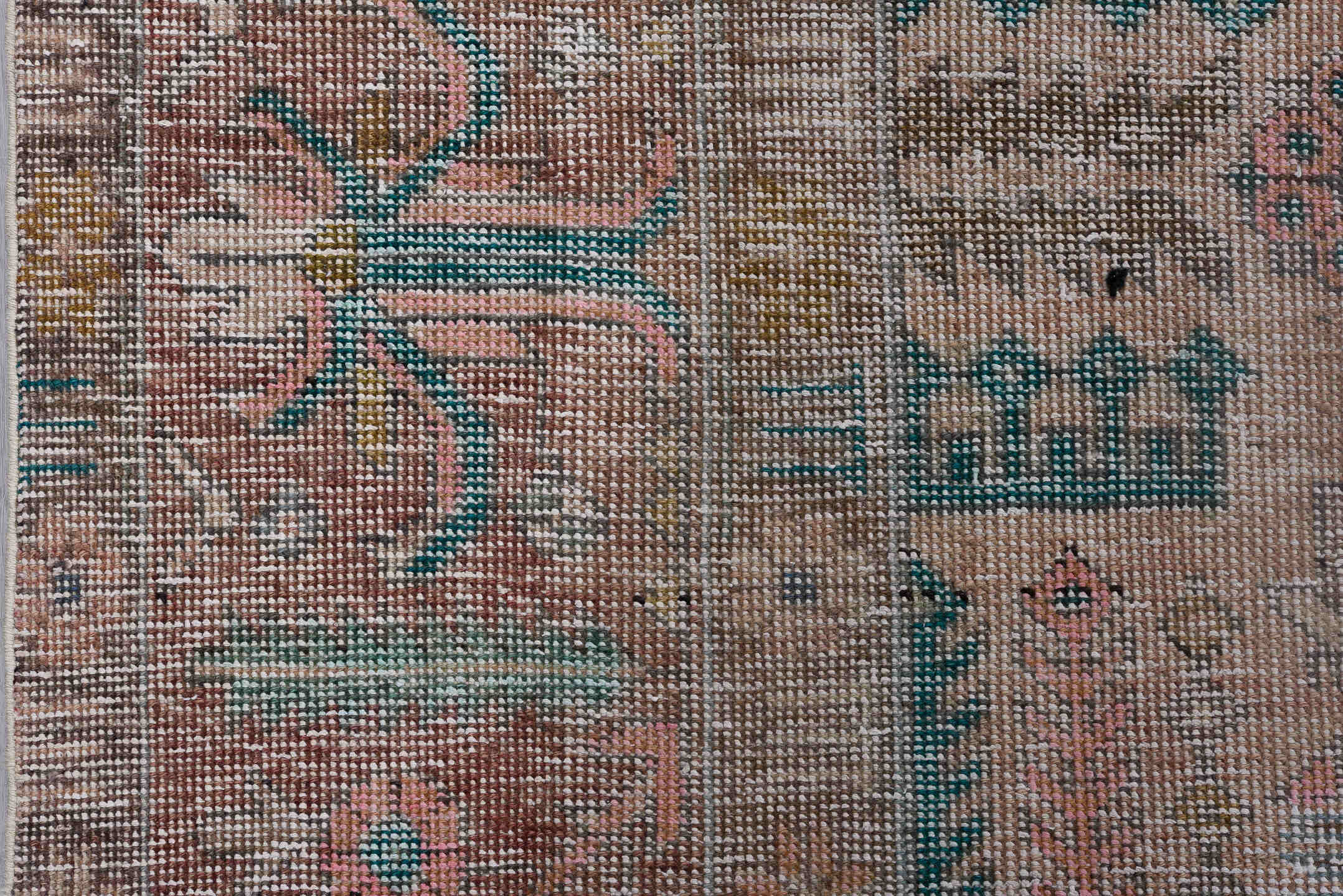 10' x 14' one-of-a-kind handmade vintage Distressed large size rug. Color palette: taupe, blush, teal, coral, ivory, brown