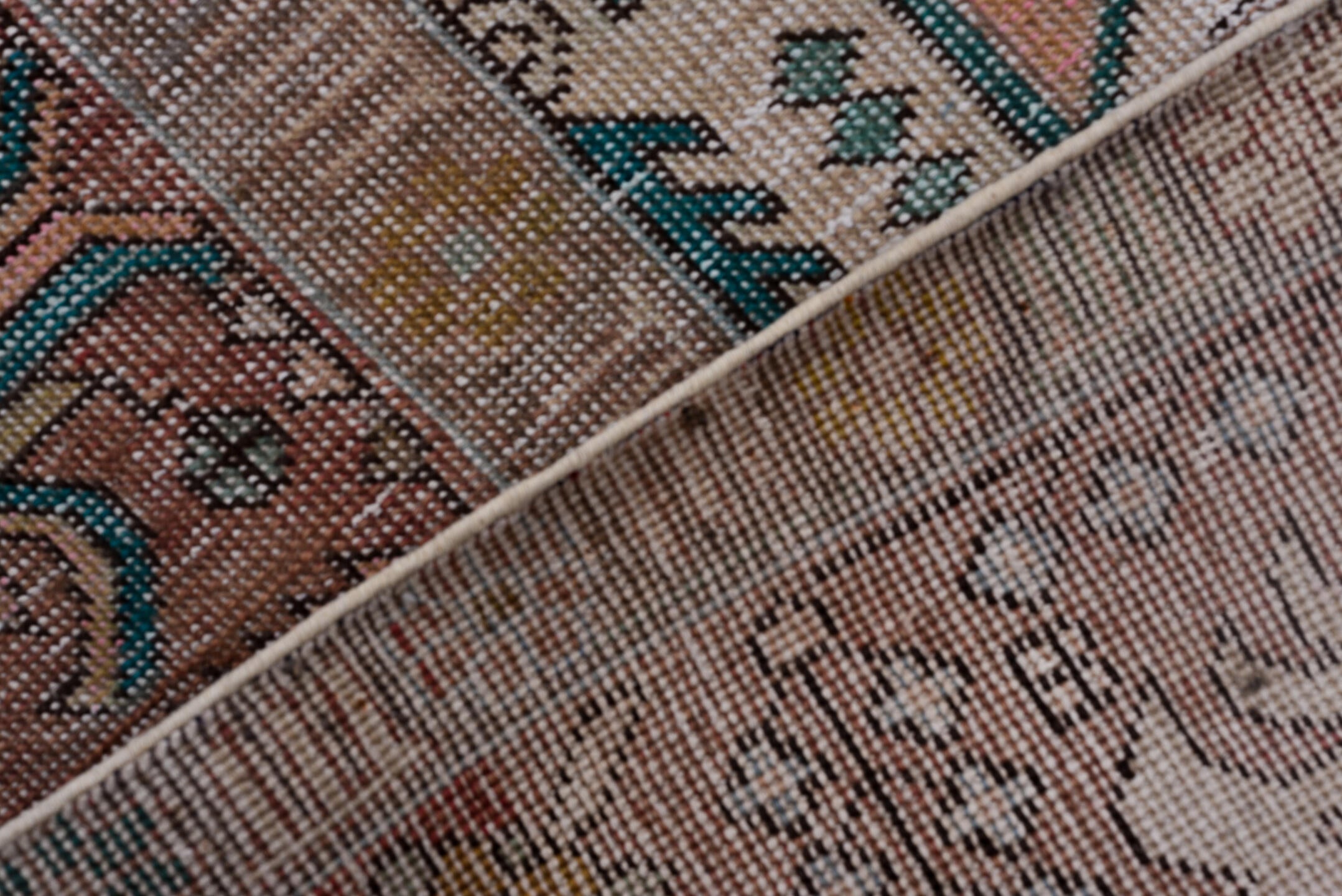 10' x 14' one-of-a-kind handmade vintage Distressed large size rug. Color palette: taupe, blush, teal, coral, ivory, brown