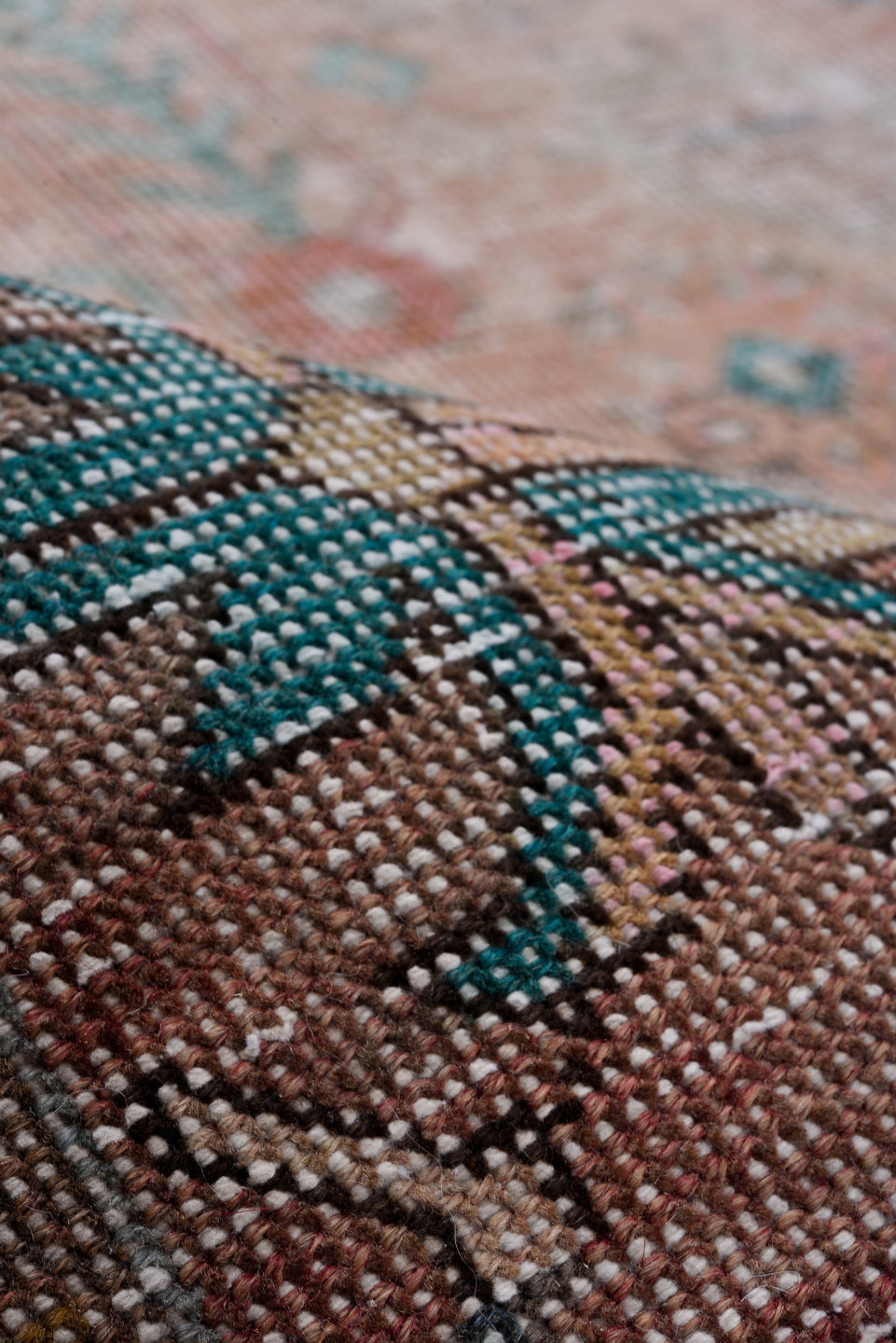 10' x 14' one-of-a-kind handmade vintage Distressed large size rug. Color palette: taupe, blush, teal, coral, ivory, brown