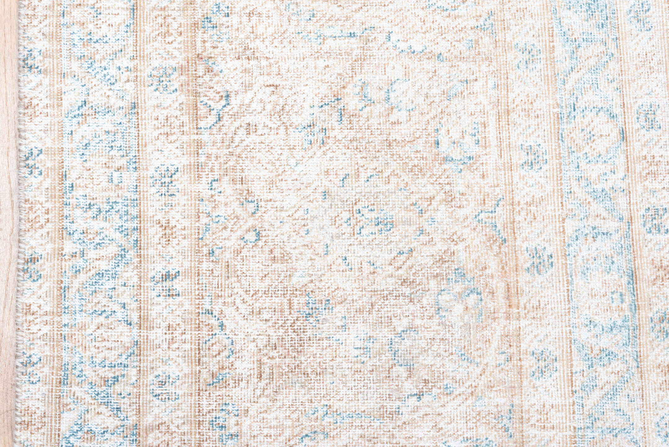 10' x 14' one-of-a-kind handmade vintage Distressed large size rug. Color palette: ivory, pale blue, cream, beige, taupe