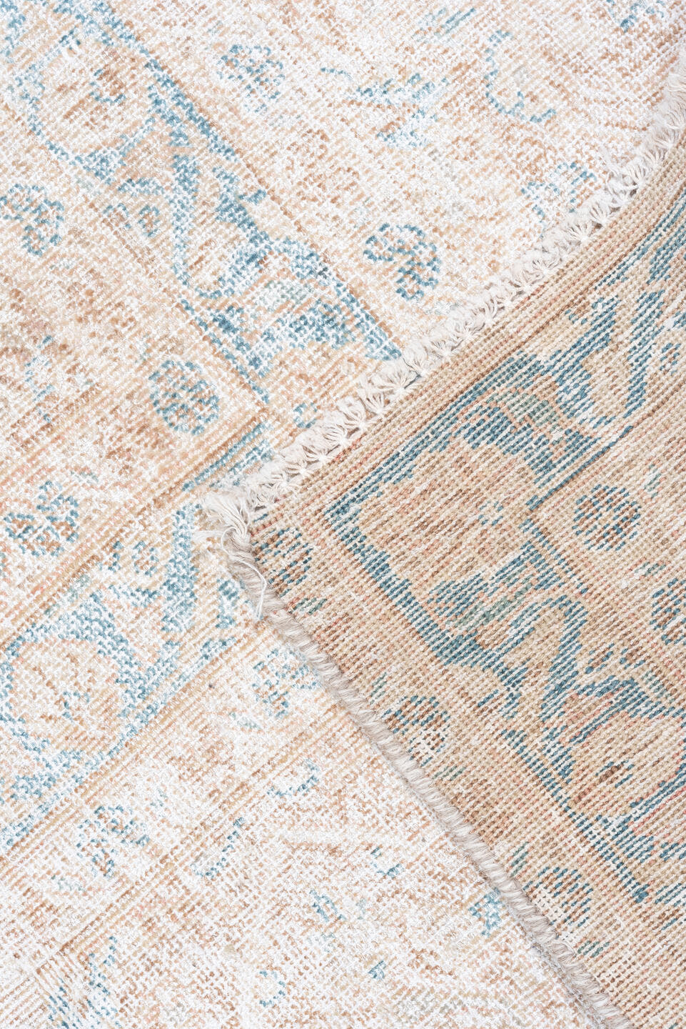 10' x 14' one-of-a-kind handmade vintage Distressed large size rug. Color palette: ivory, pale blue, cream, beige, taupe
