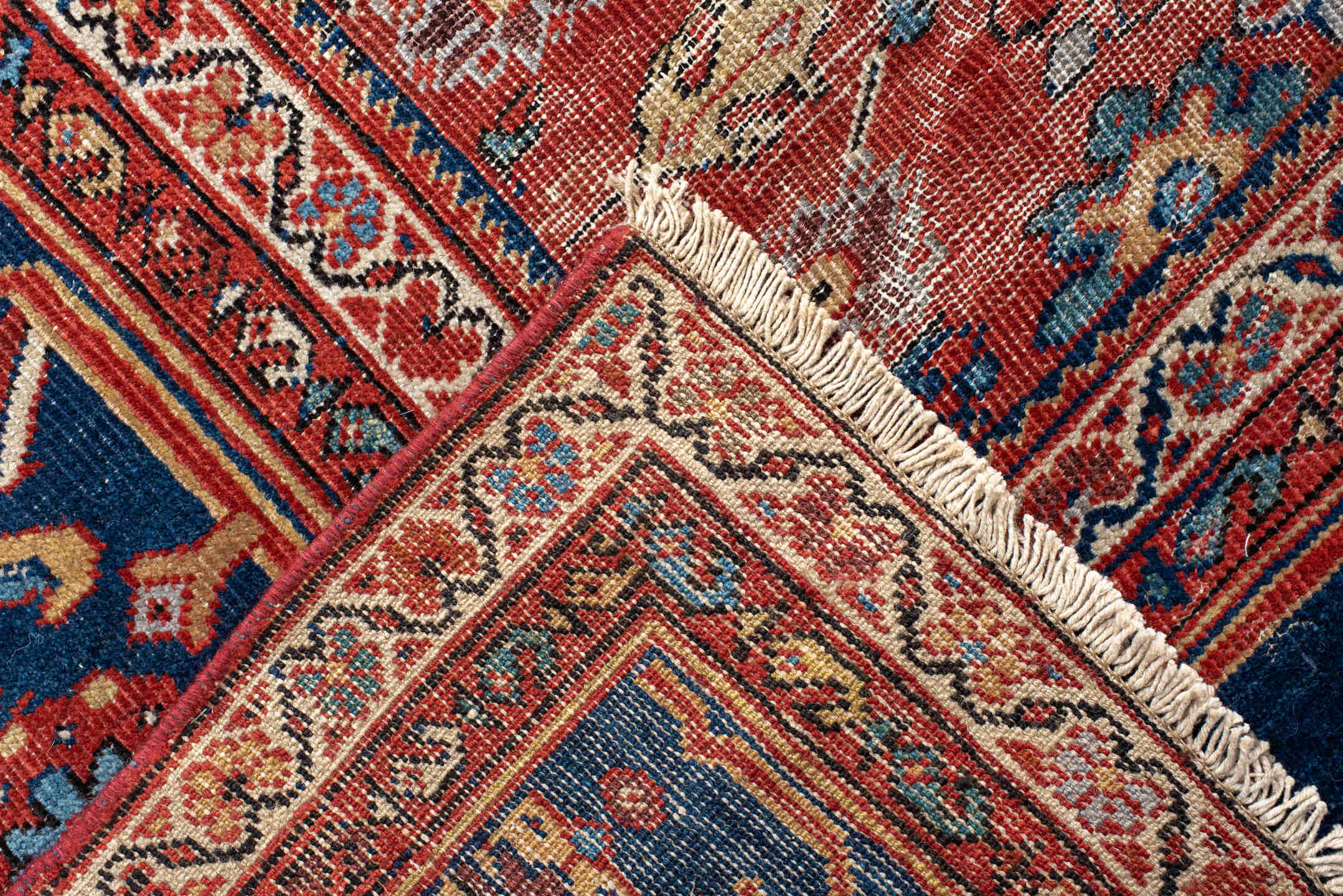 12' x 17' one-of-a-kind handmade vintage Sultanabad oversize rug. Color palette: rust, navy, ivory, sky blue, terracotta