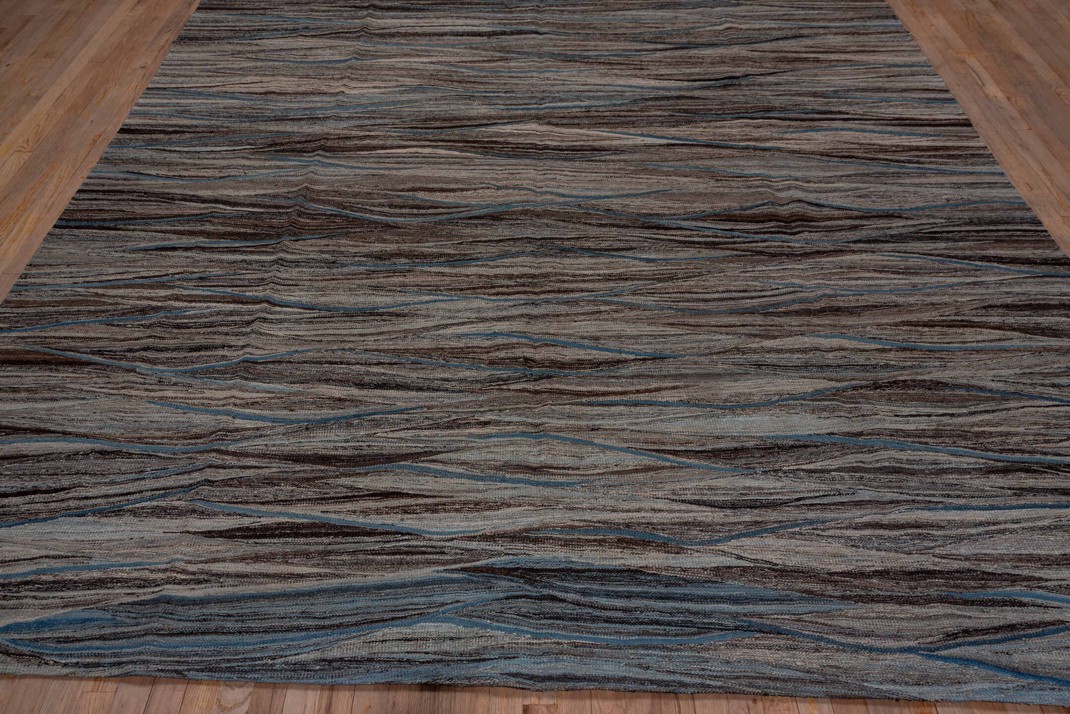 9' x 11' one-of-a-kind handmade vintage Kilim large size rug. Color palette: taupe, brown, gray, blue, charcoal, ivory