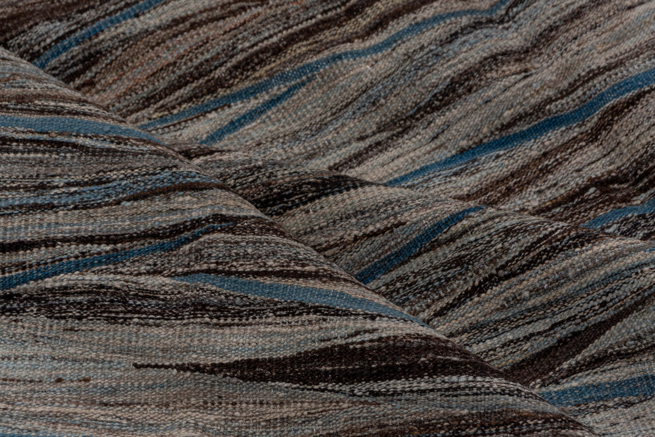 9' x 11' one-of-a-kind handmade vintage Kilim large size rug. Color palette: taupe, brown, gray, blue, charcoal, ivory