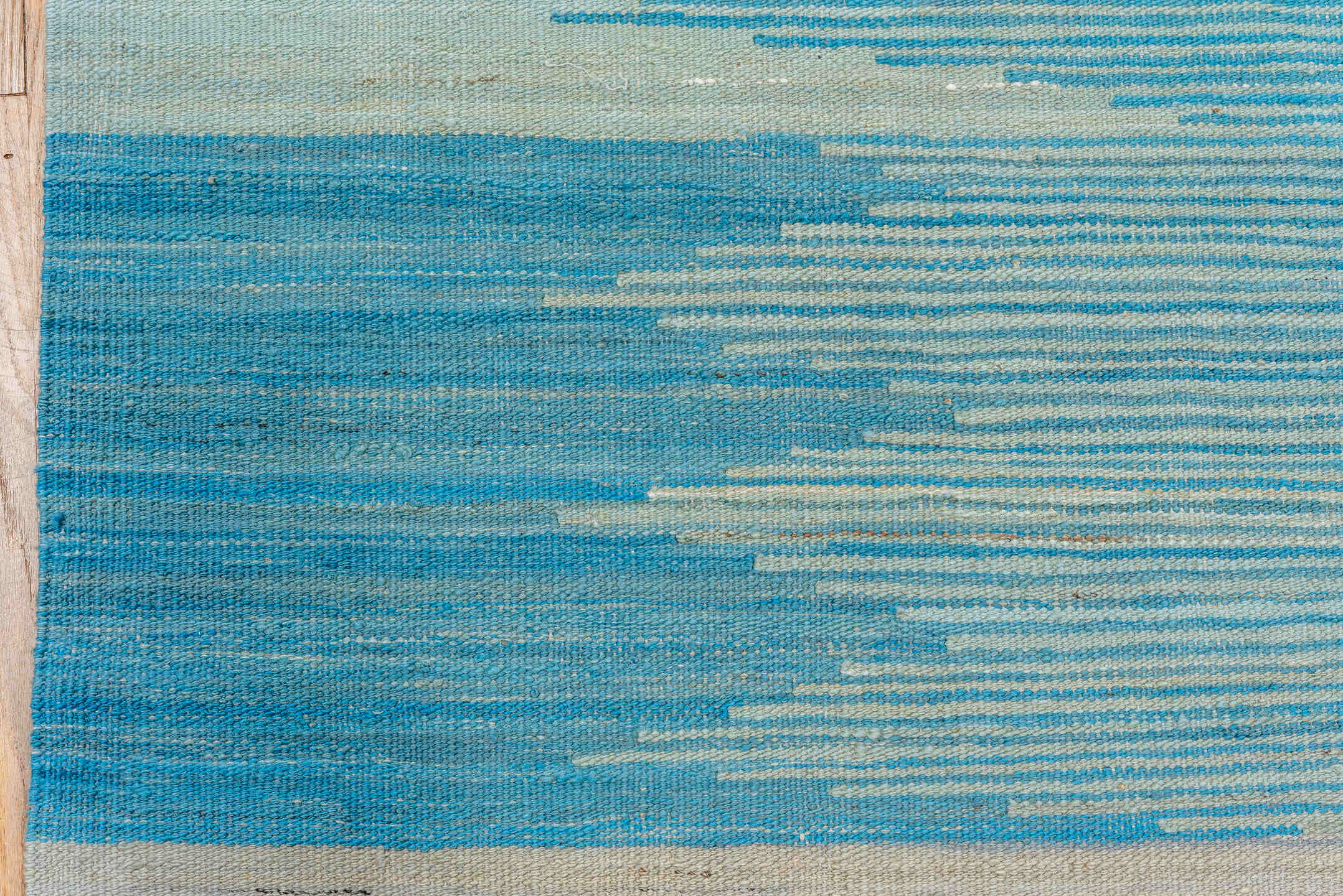 8' x 9' one-of-a-kind handmade vintage Kilim rug. Color palette: ivory, sky blue, turquoise, aqua, beige, light blue, teal