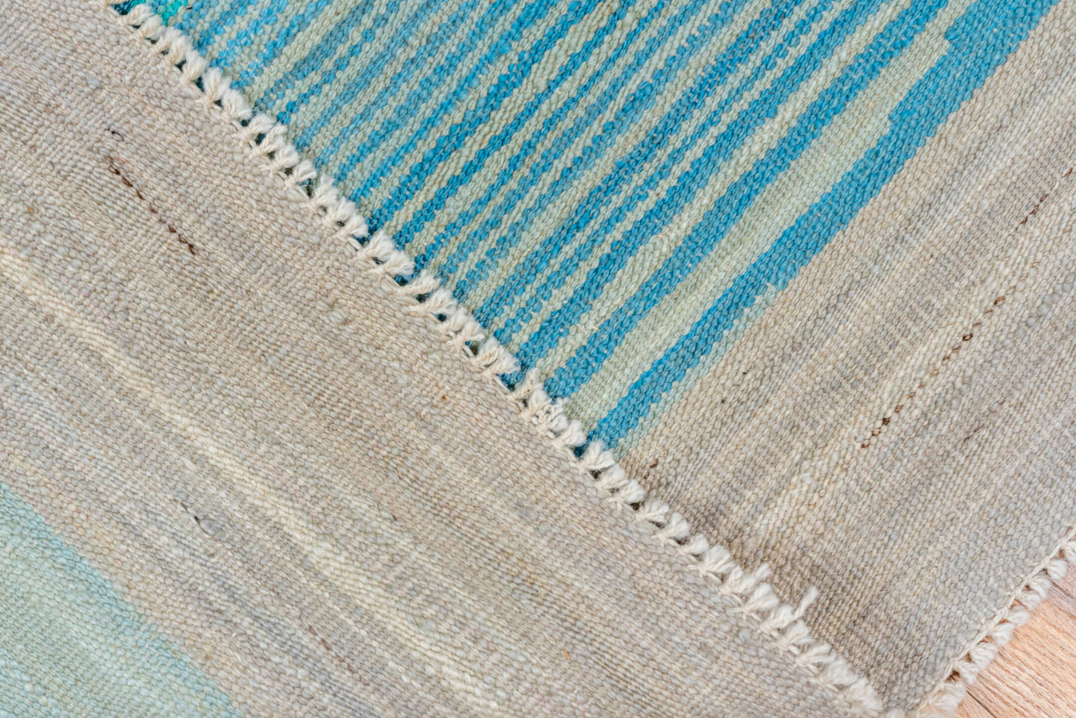 8' x 9' one-of-a-kind handmade vintage Kilim rug. Color palette: ivory, sky blue, turquoise, aqua, beige, light blue, teal