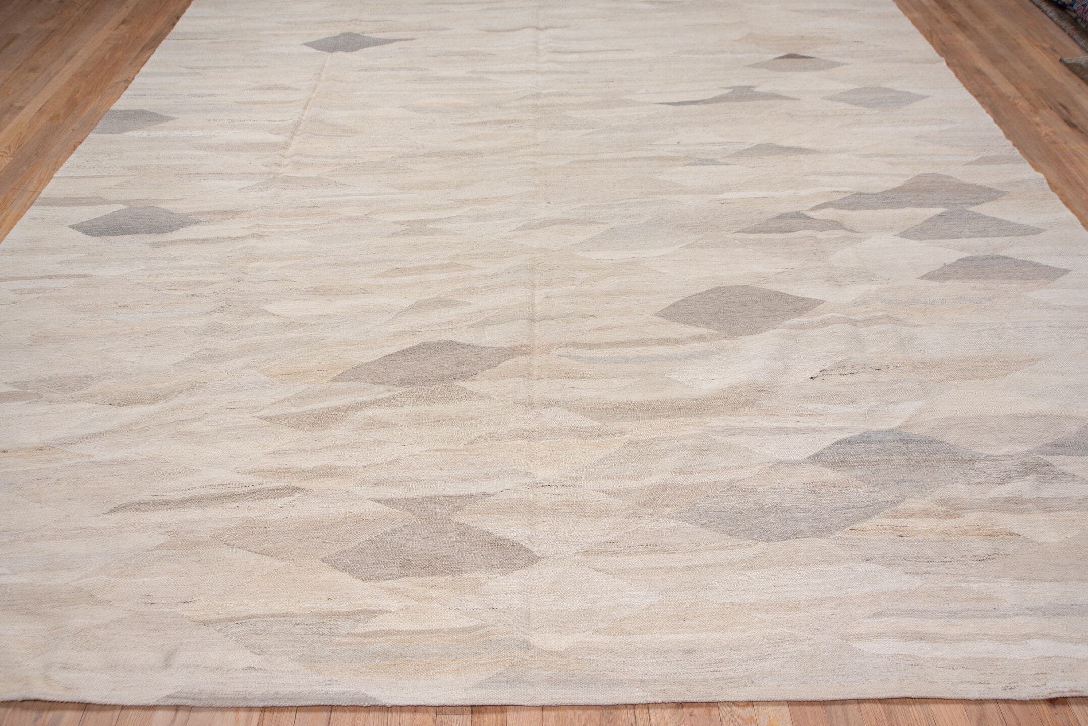 9' x 13' one-of-a-kind handmade vintage Kilim large size rug. Color palette: beige, ivory, taupe, sand, greige, gray