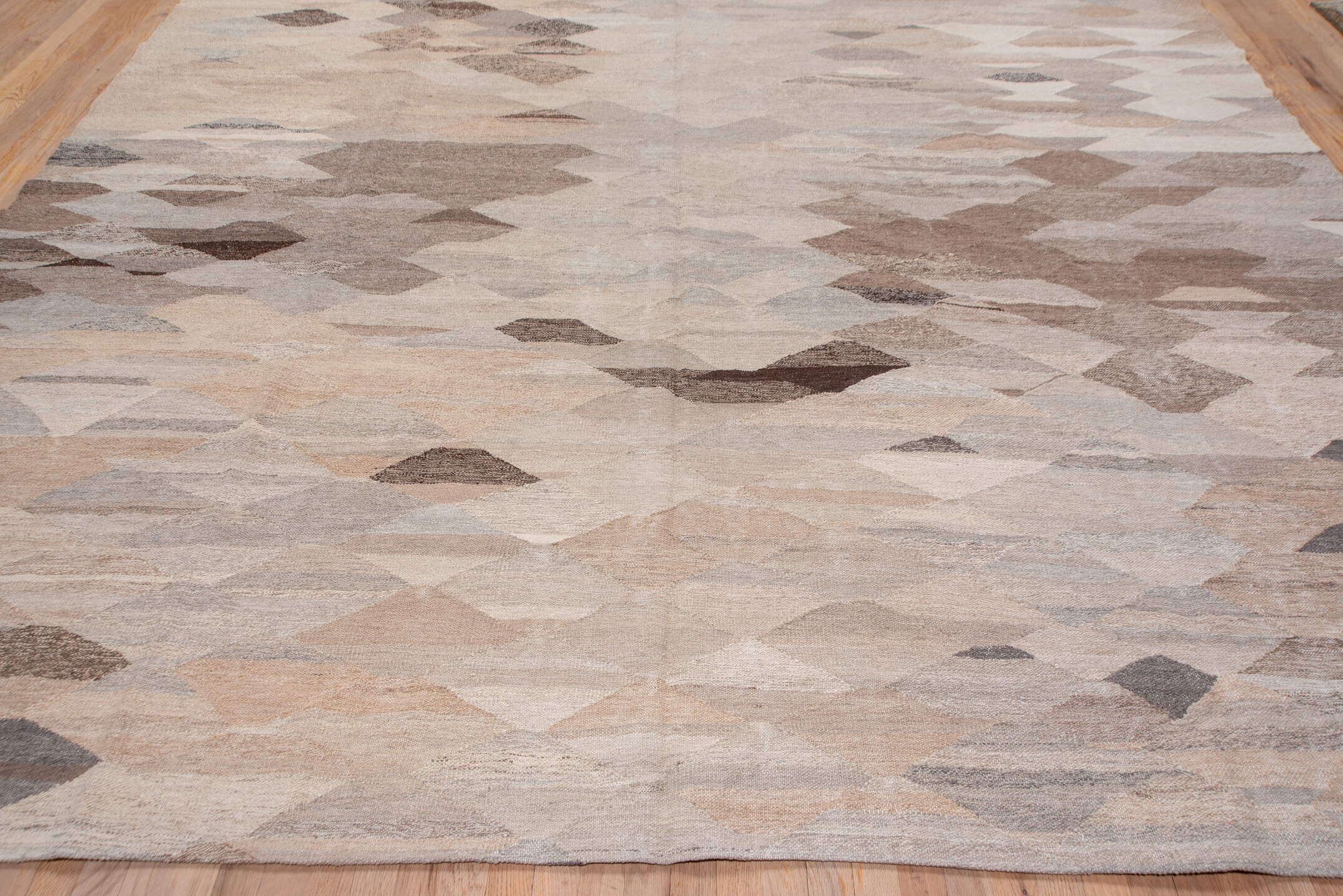 10' x 16' one-of-a-kind handmade vintage Kilim rug. Color palette: taupe, beige, ivory, brown, greige, camel, charcoal, rose