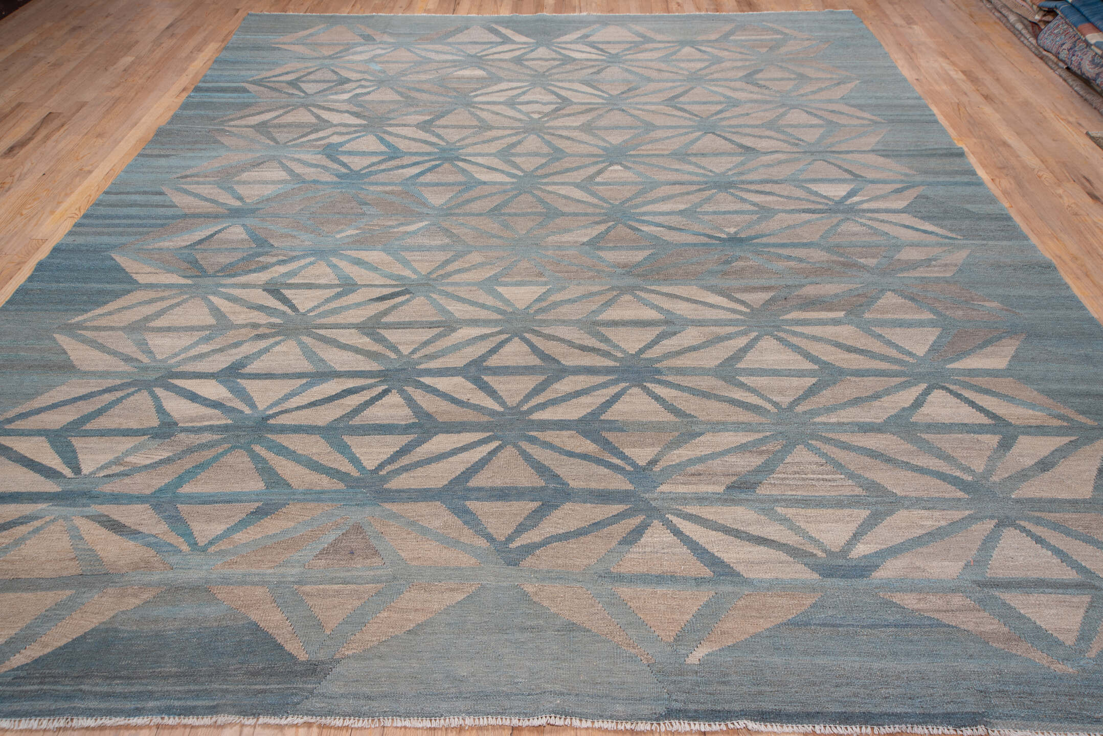 10' x 12' one-of-a-kind handmade vintage Kilim large size rug. Color palette: blue, dim gray, gray, light gray, pink, silver