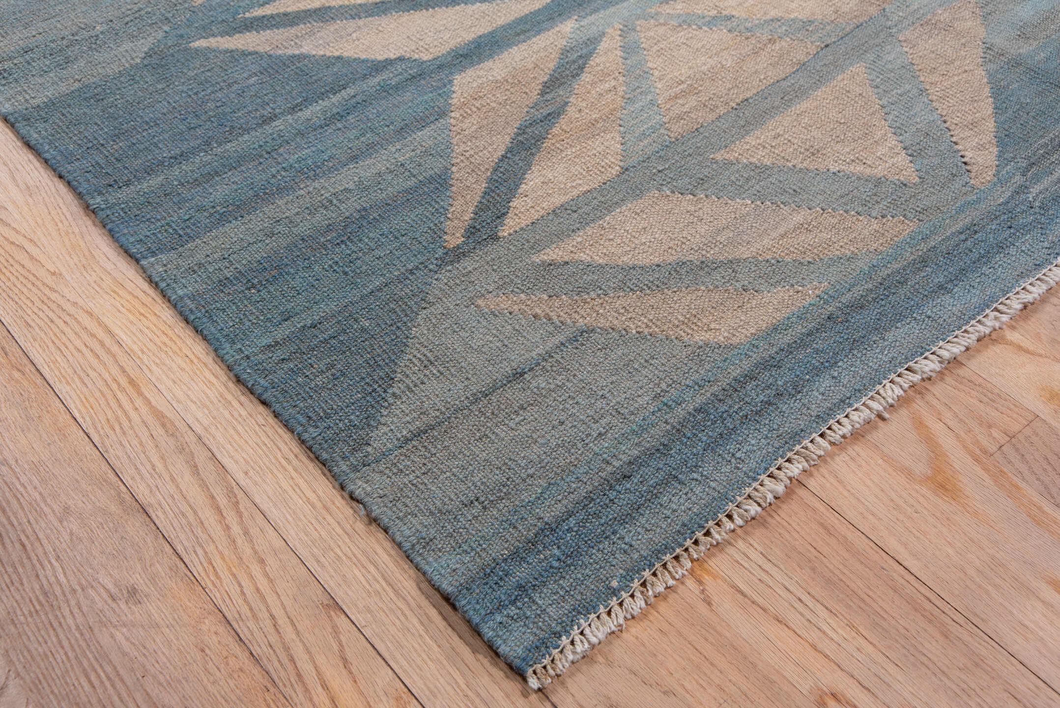 10' x 12' one-of-a-kind handmade vintage Kilim large size rug. Color palette: blue, dim gray, gray, light gray, pink, silver