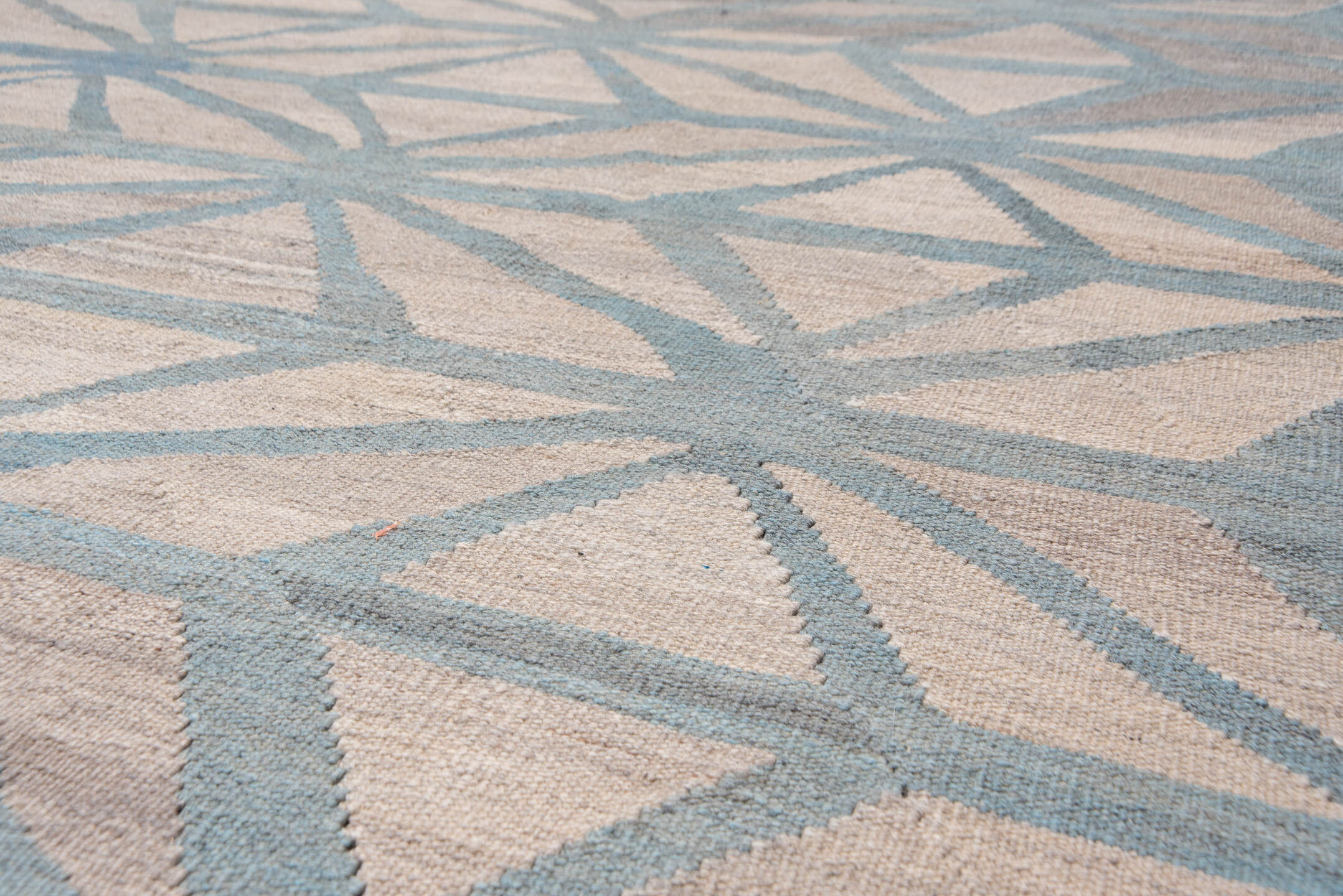 10' x 12' one-of-a-kind handmade vintage Kilim large size rug. Color palette: blue, dim gray, gray, light gray, pink, silver