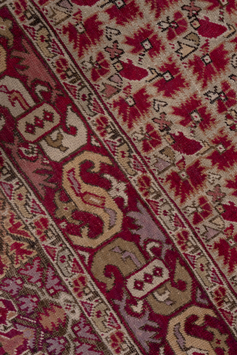 6' x 11' one-of-a-kind handmade vintage Ghordes large size rug. Color palette: brown, gray, off-white, pink, red, snow