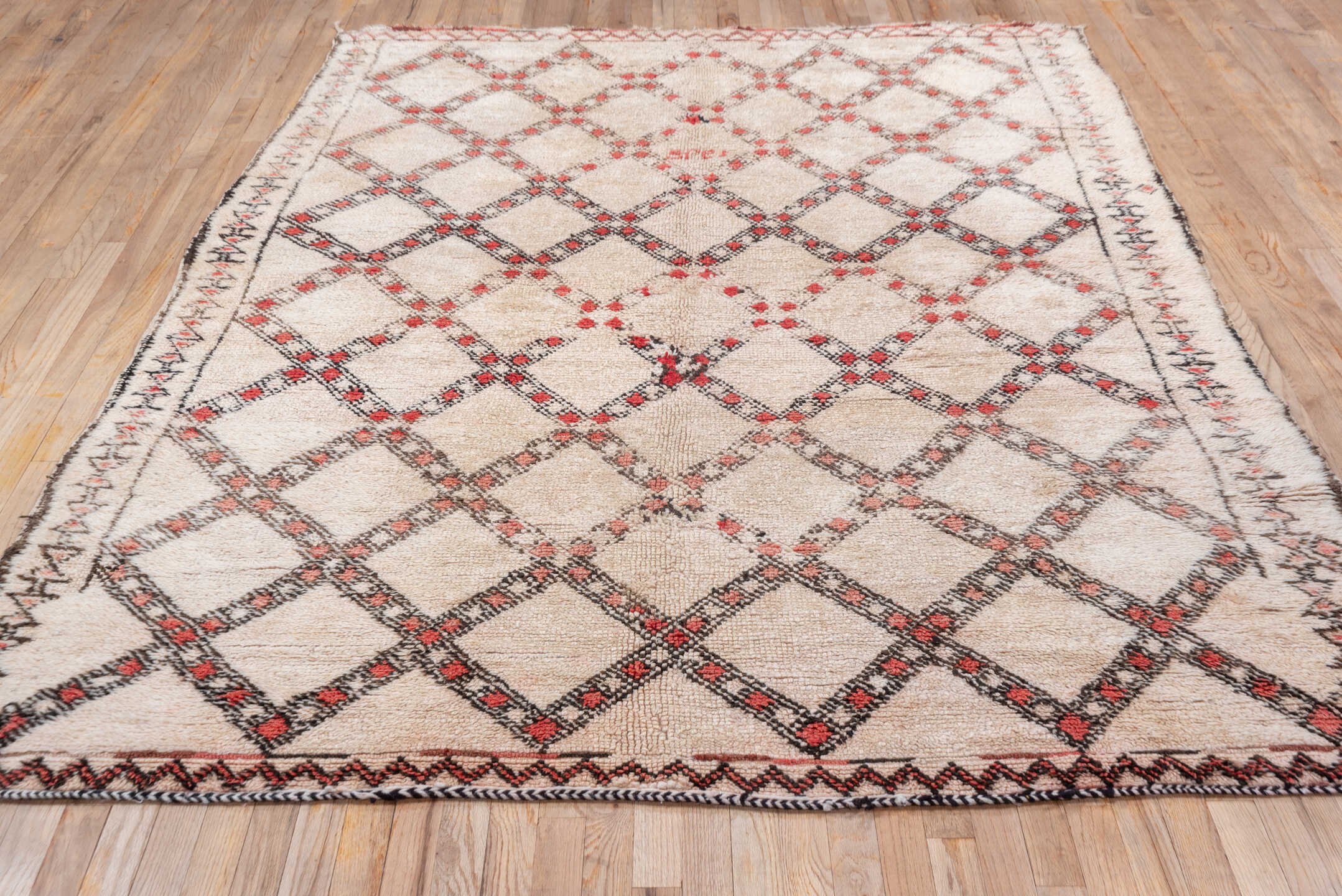 6' x 8' one-of-a-kind handmade vintage Moroccan medium size rug. Color palette: ivory, charcoal, coral, rose, cream, gray