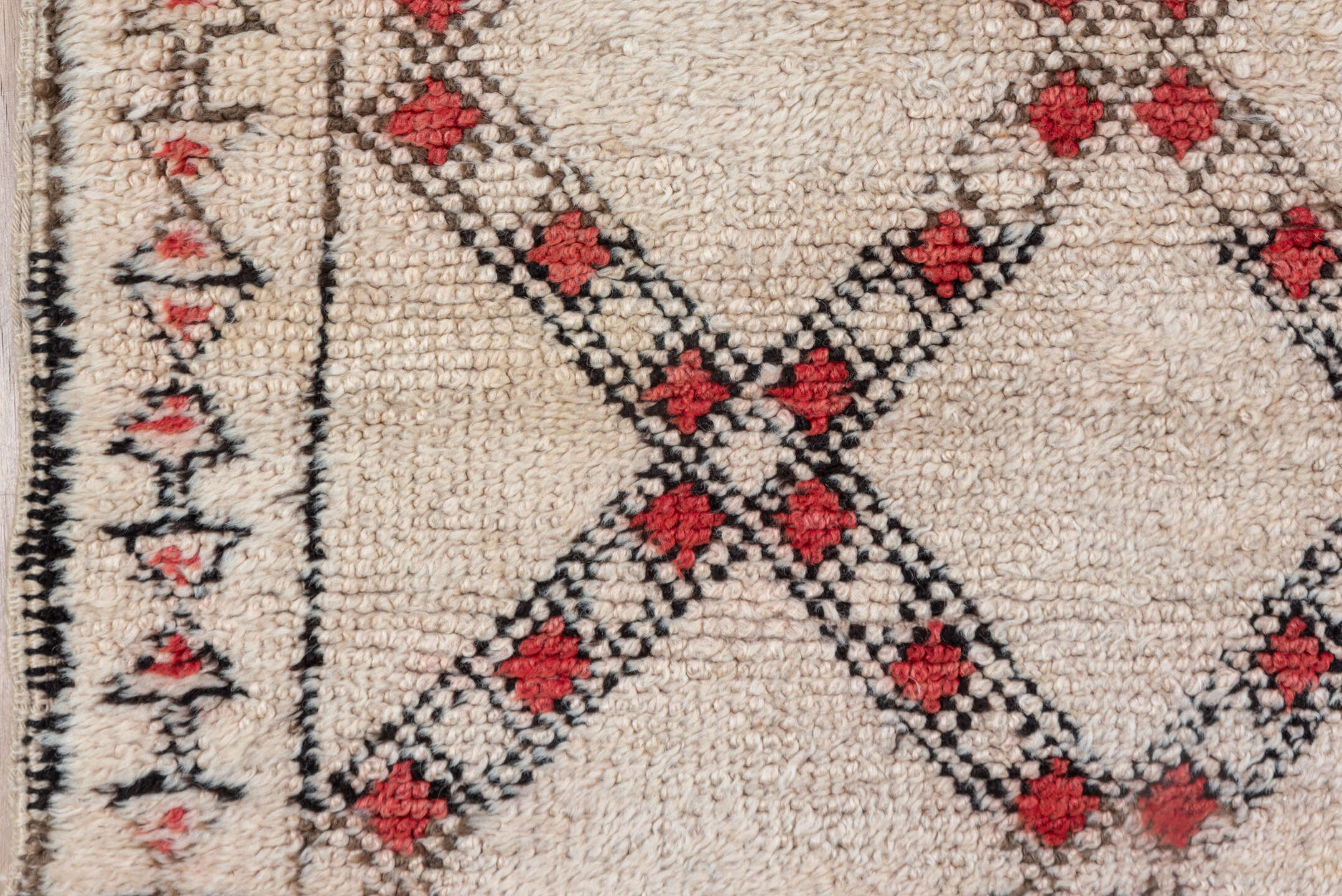 6' x 8' one-of-a-kind handmade vintage Moroccan medium size rug. Color palette: ivory, charcoal, coral, rose, cream, gray