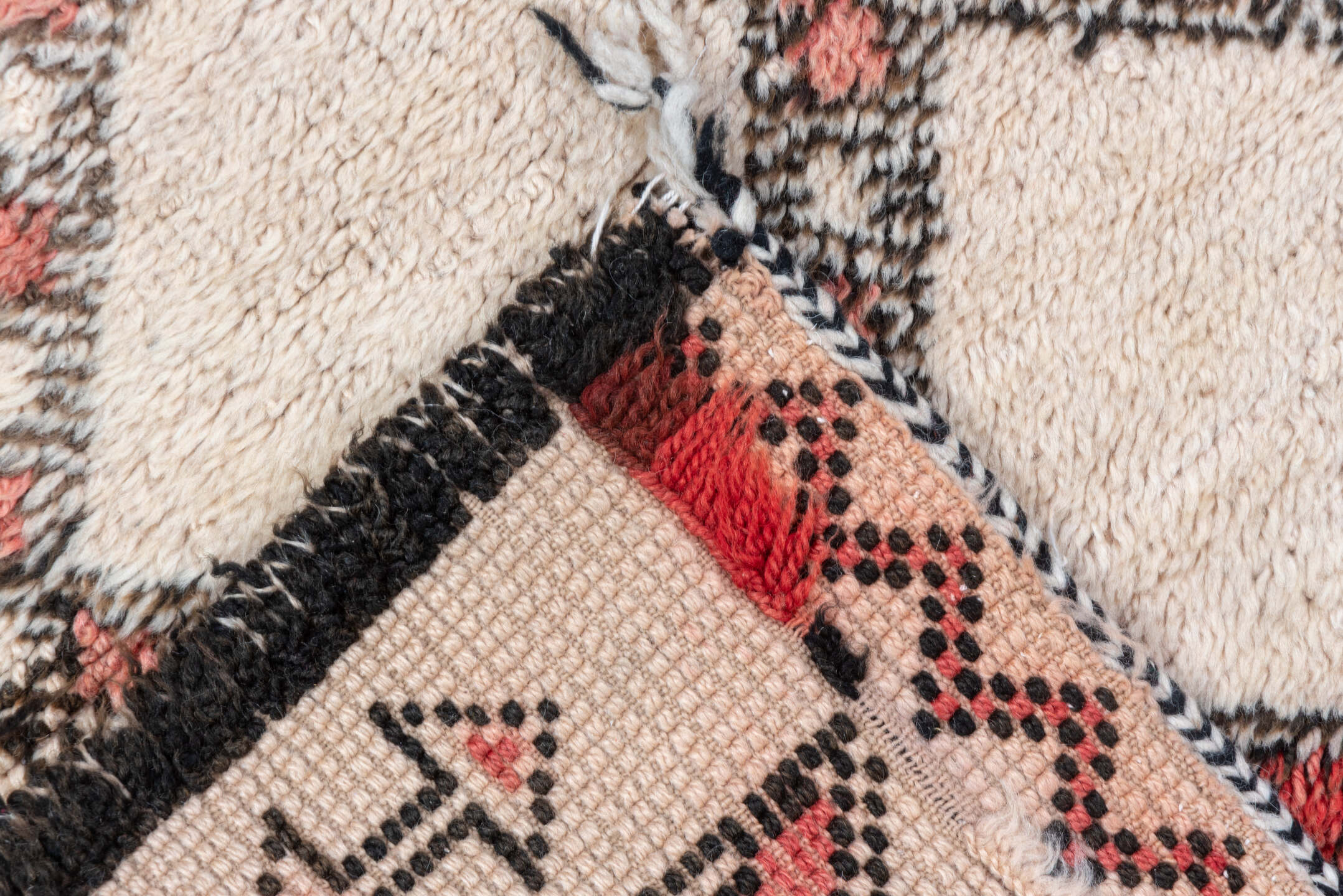 6' x 8' one-of-a-kind handmade vintage Moroccan medium size rug. Color palette: ivory, charcoal, coral, rose, cream, gray