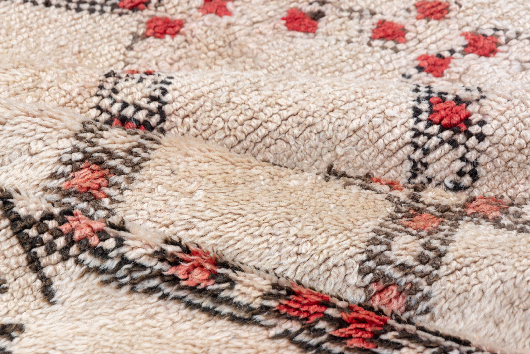 6' x 8' one-of-a-kind handmade vintage Moroccan medium size rug. Color palette: ivory, charcoal, coral, rose, cream, gray