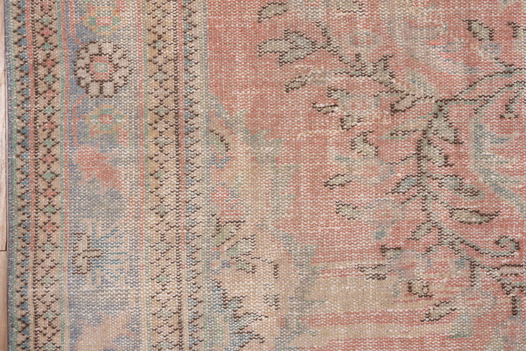 6' x 10' one-of-a-kind handmade vintage Sparta large size rug. Color palette: blush, pale blue, ivory, taupe, sage