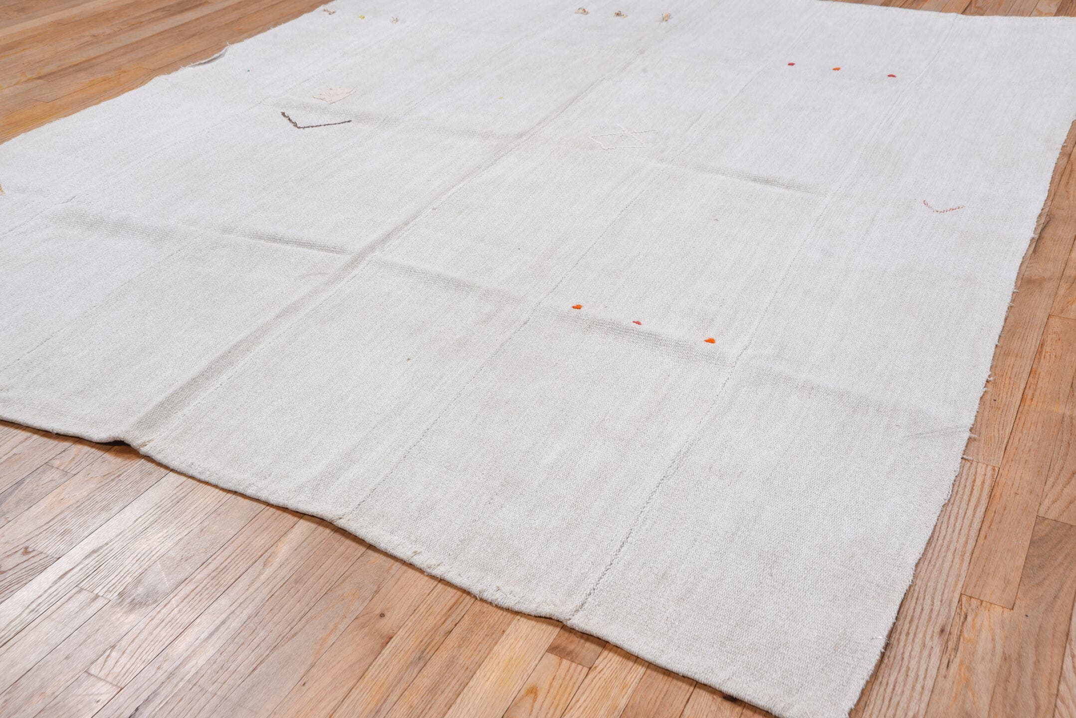 7' x 8' one-of-a-kind handmade vintage Hemp Kilim rug. Color palette: ivory, cream, taupe, rust, orange, brown, pale peach