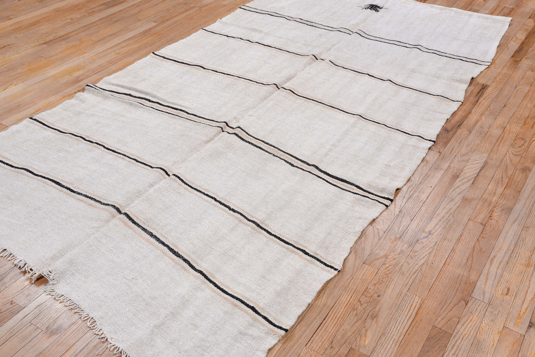 5' x 11' one-of-a-kind handmade vintage Hemp Kilim runner rug. Color palette: ivory, charcoal, taupe, cream, gray, black