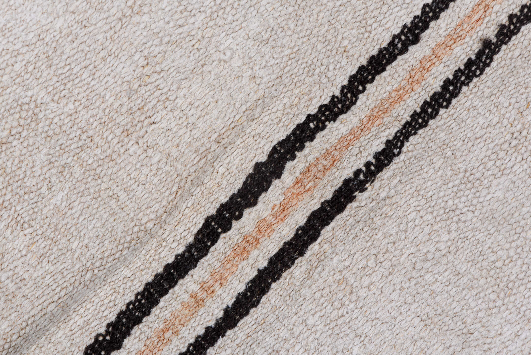 5' x 11' one-of-a-kind handmade vintage Hemp Kilim runner rug. Color palette: ivory, charcoal, taupe, cream, gray, black
